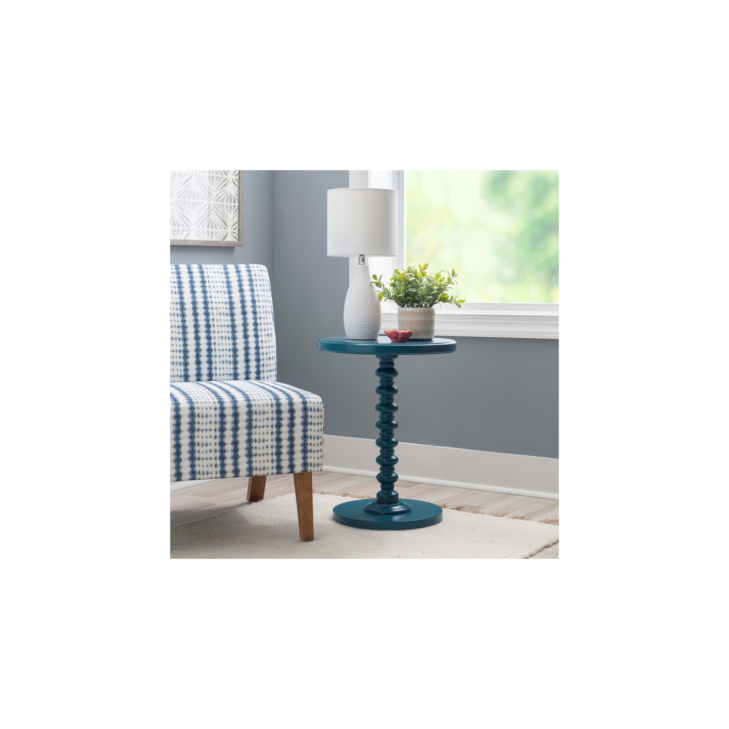 Linon Tara Wood Spindle Side Table in Teal Blue