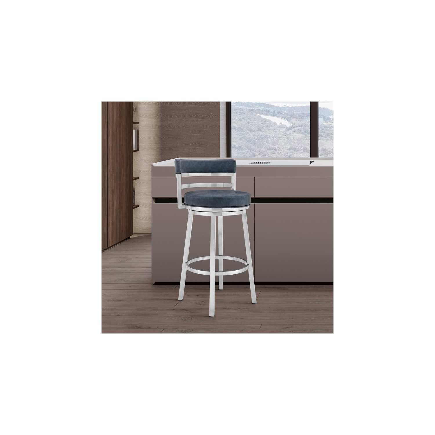 Titana 30" Bar Height Swivel Blue Faux Leather Stainless Steel Bar Stool