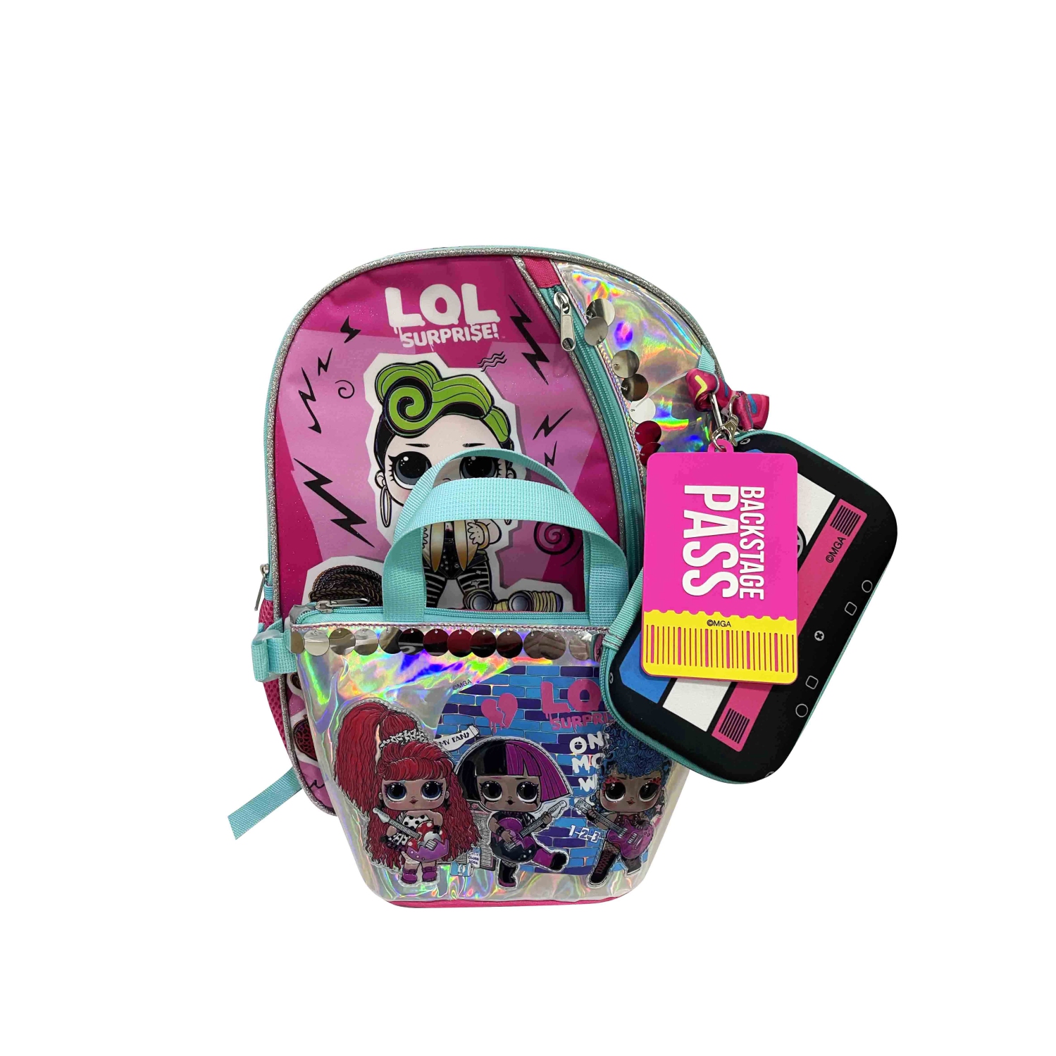 Lol Surprise Backpack with Detachable Hand Bag Purse Pencil Case Key Chain - 4 Piece Kids School Backpack Set - Girls Shoulder Book Bag Printed Lol Surprise Characters