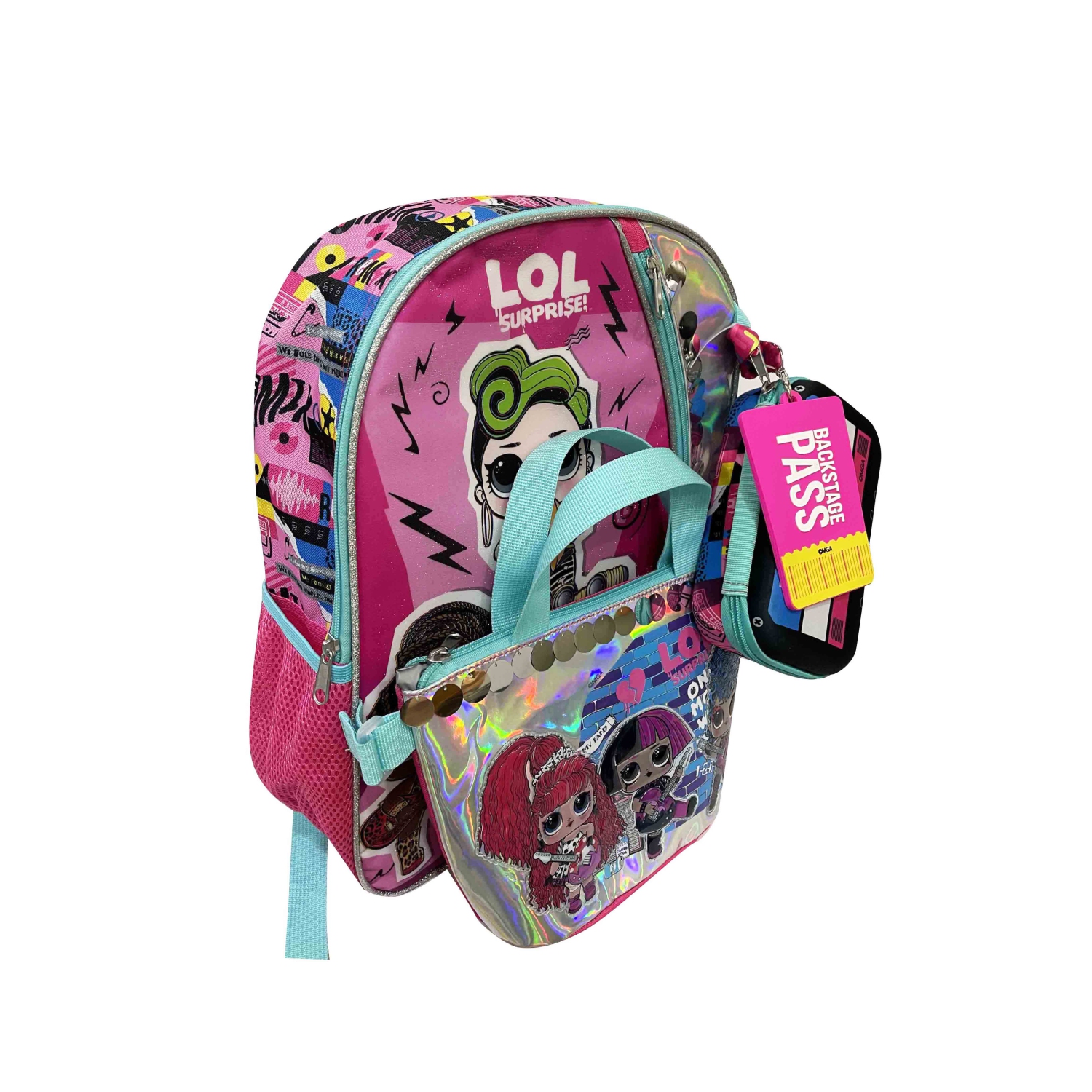 Lol Surprise Backpack with Detachable Hand Bag Purse Pencil Case Key Chain - 4 Piece Kids School Backpack Set - Girls Shoulder Book Bag Printed Lol