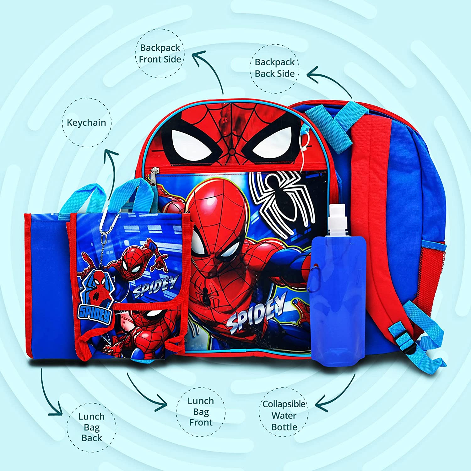 Spiderman Backpack with Lunch Bag 2-Key Chains Water Bottle - 5 Piece Kids School Backpack Set for Kids