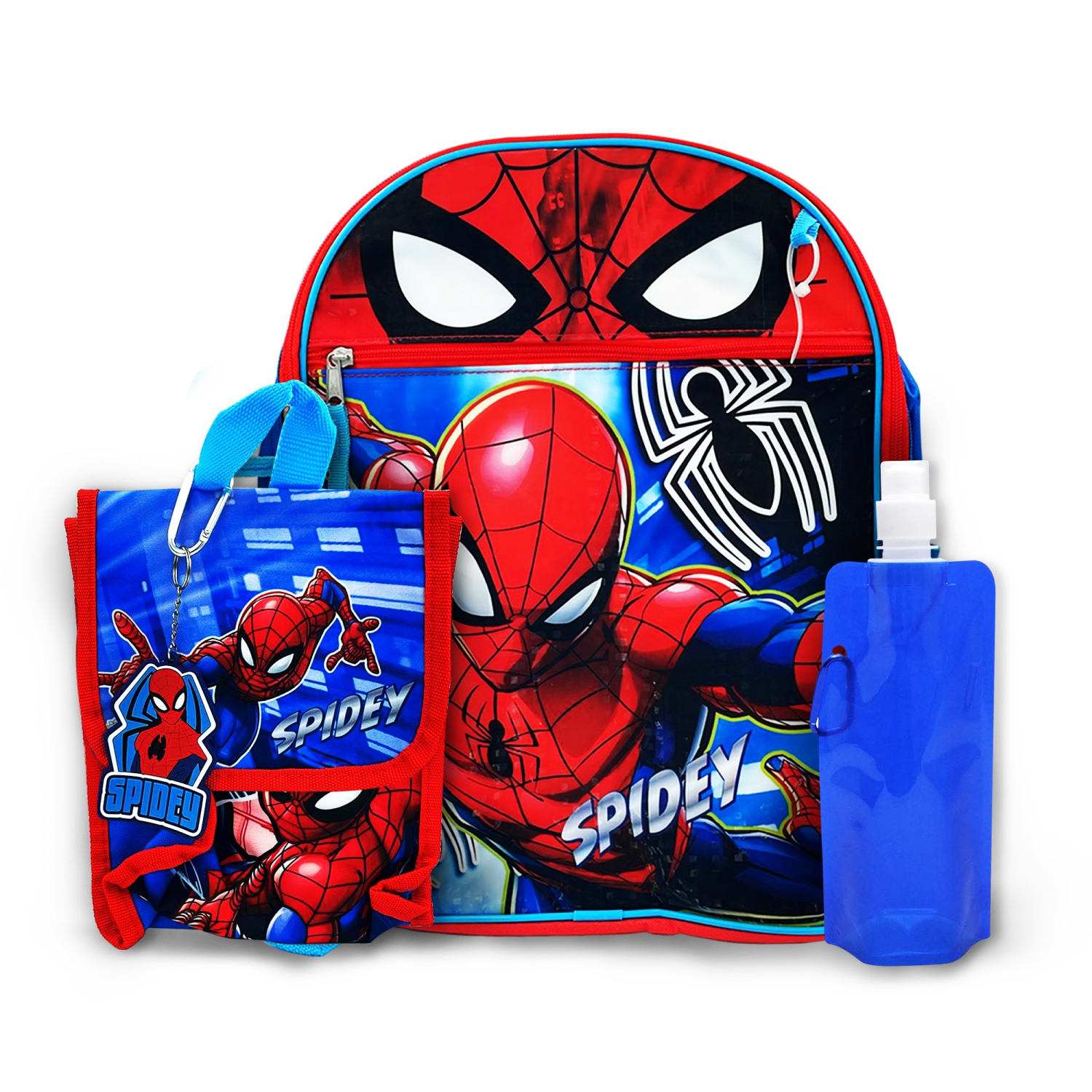 Spiderman Backpack with Lunch Bag 2-Key Chains Water Bottle - 5 Piece Kids School Backpack Set for Kids