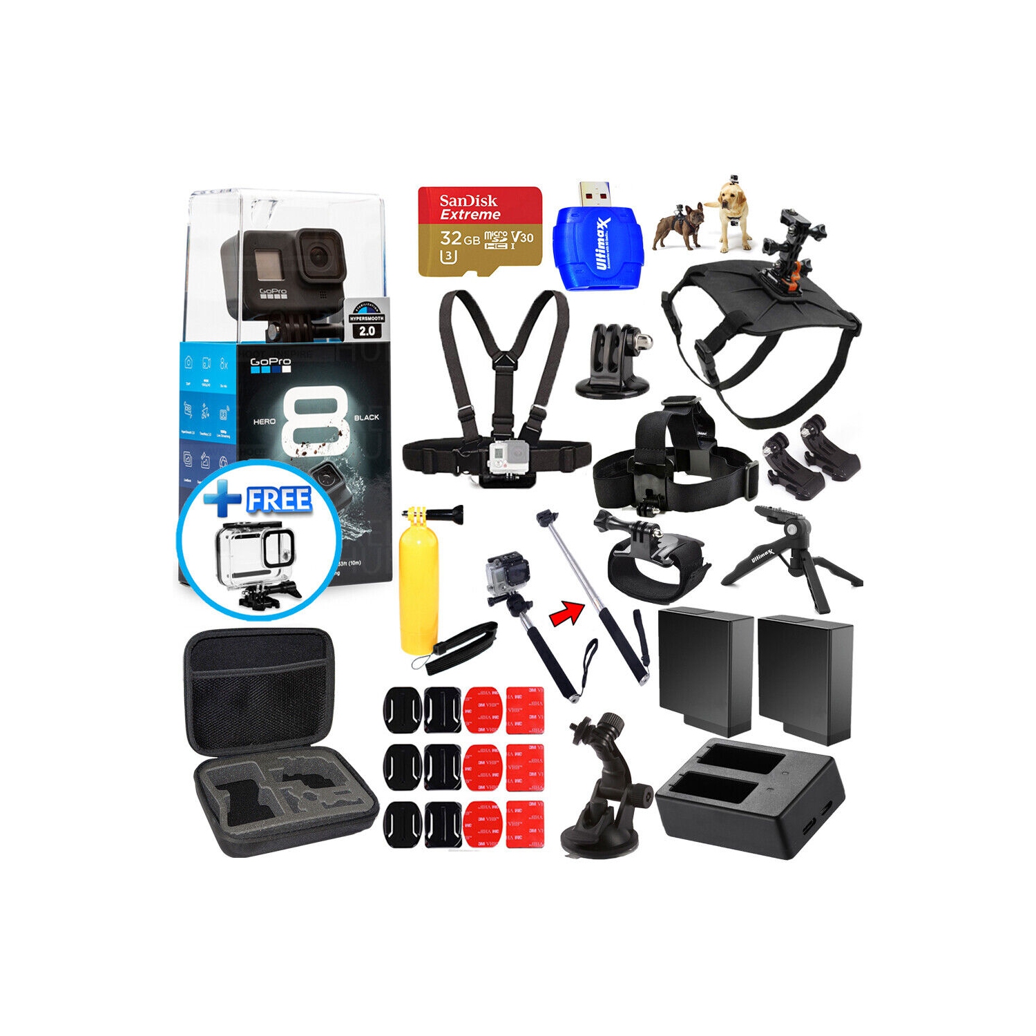 GoPro HERO8 HERO 8 Black - All In 1 MEGA ACCESSORY KIT + EXT BATT + 32GB Bundle