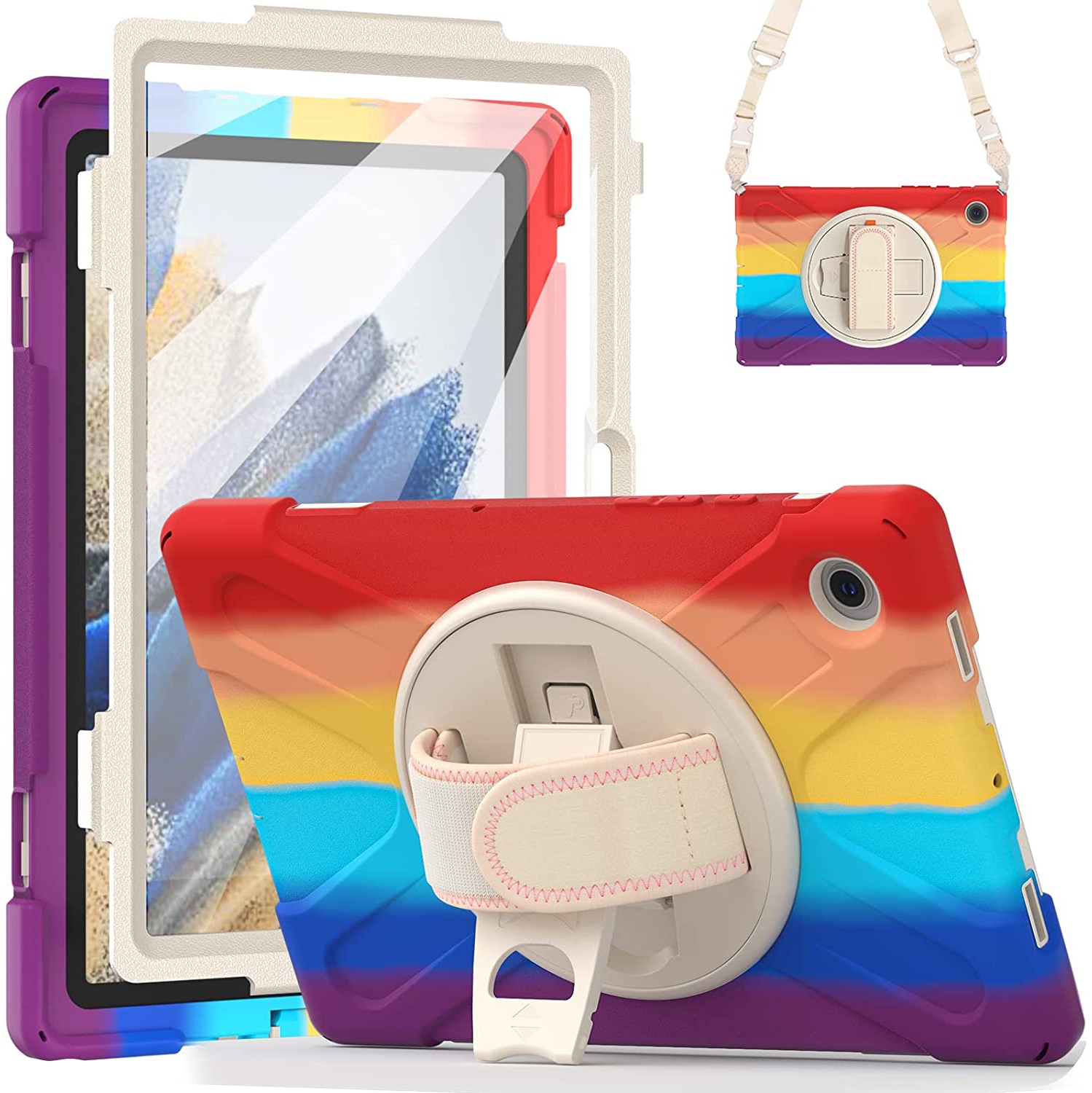 S Samsung Galaxy Tab A8 Case Kids Galaxy A8 10.5 Case 2022 with Screen Protector Heavy Duty Kidsproof Tablet A8 Cover 2022 W/ Stand Hand&Shoulder Strap for Women Drawing Rainbo