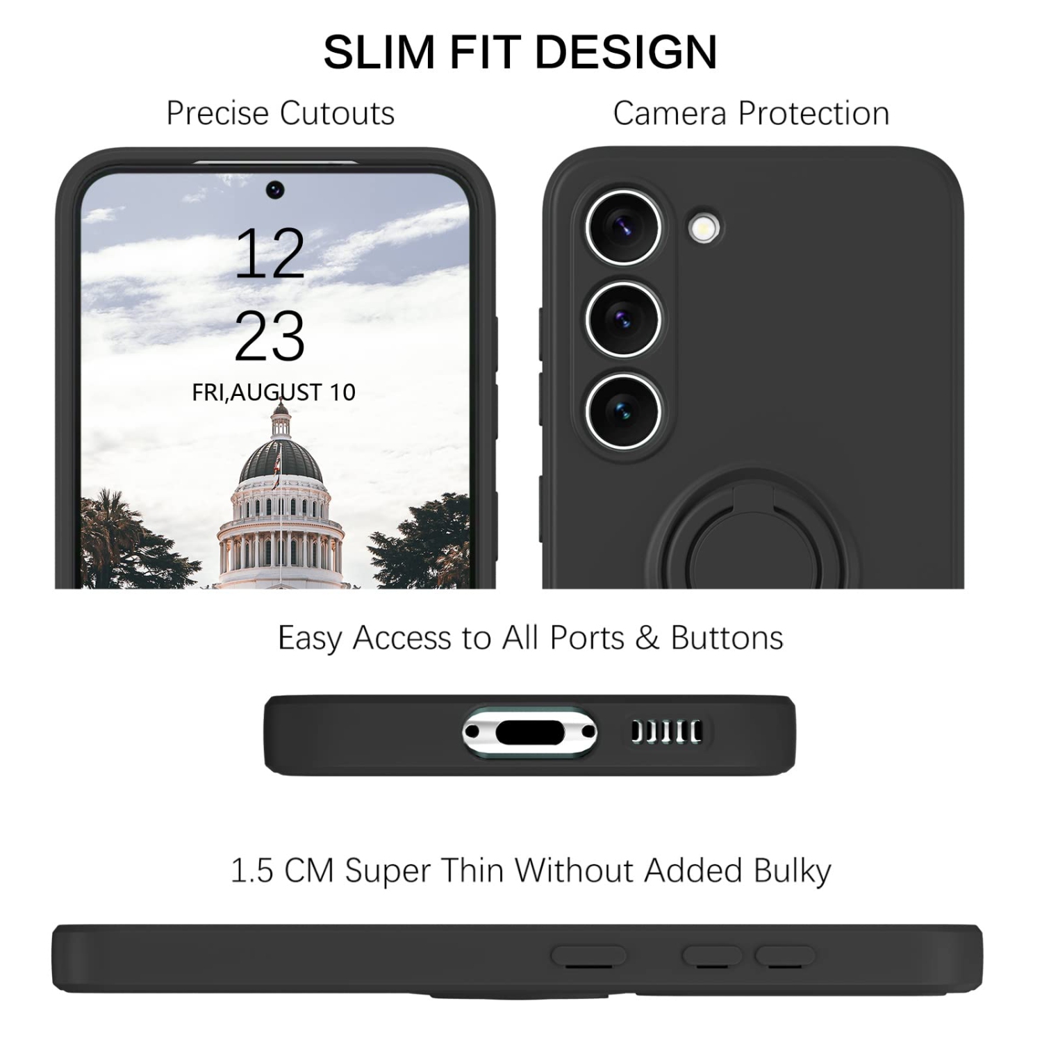 Samsung Galaxy S23 Case, Liquid Silicone Soft Rubber Slim Cover with Ring Kickstand |Car Mount Function,Shockproof Full Body Protective Case for