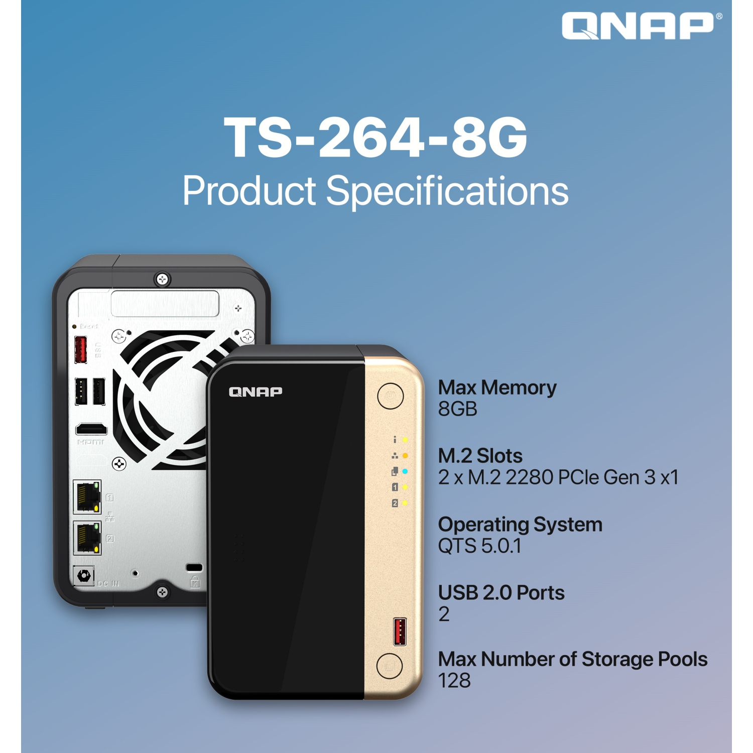 QNAP – NAS de bureau haute performance TS-264-8G-US à 2 baies. Processeur 4C/4T d’Intel