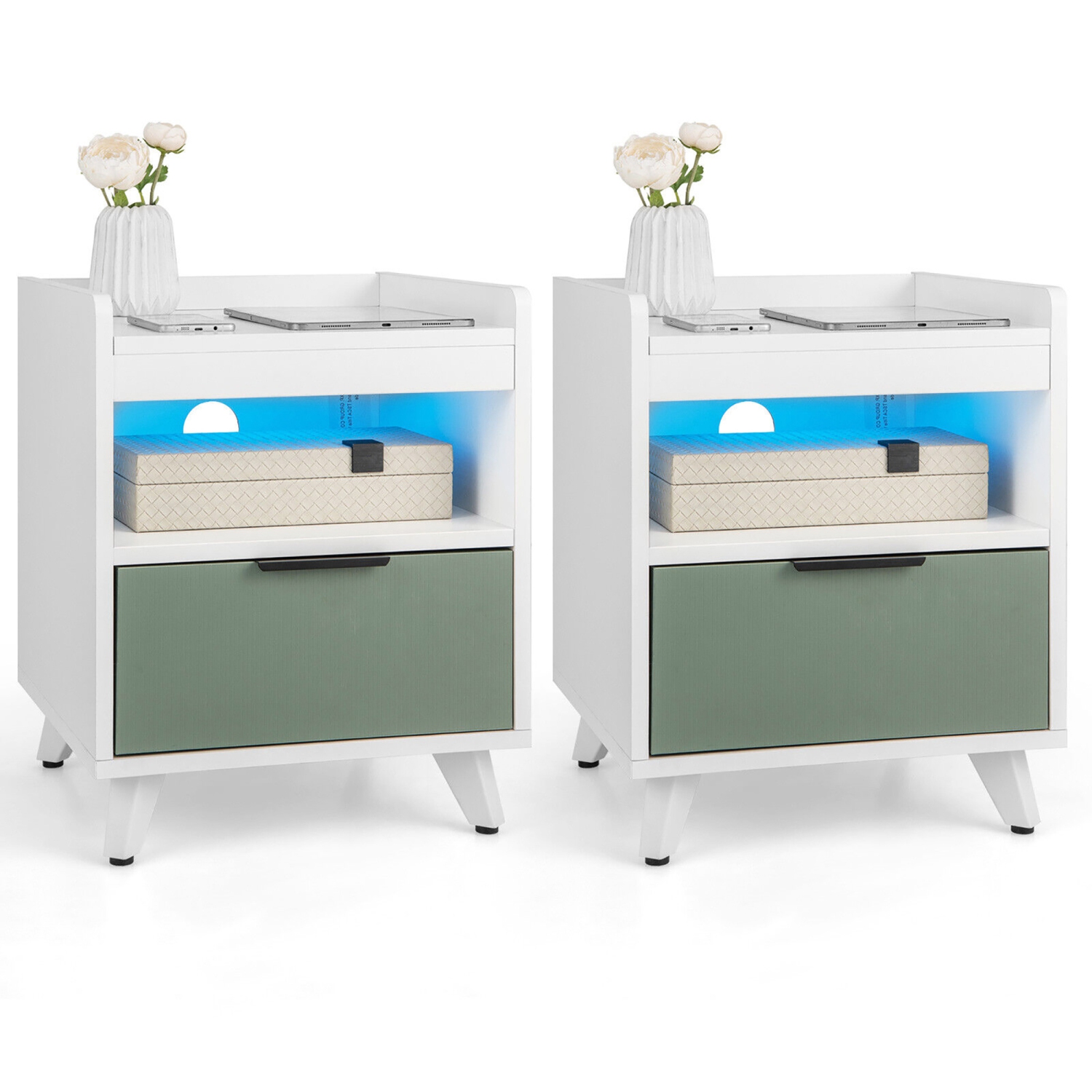 Gymax 2PCS Nightstand Modern Beside End Table w/ LED Lights Open Compartment & Drawer