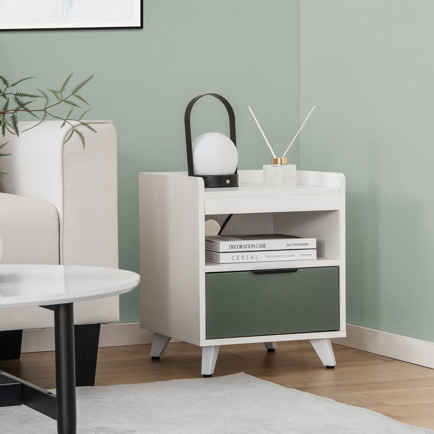 Gymax 2PCS Nightstand Modern Beside End Table w/ LED Lights Open Compartment & Drawer