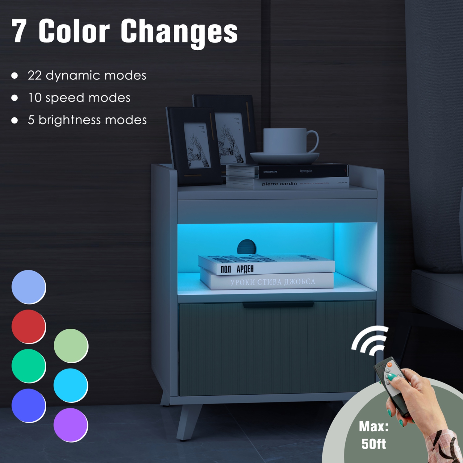 Gymax 2PCS Nightstand Modern Beside End Table w/ LED Lights Open Compartment & Drawer