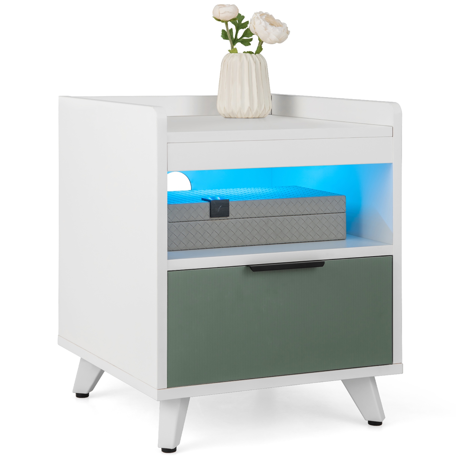 Gymax Nightstand Modern Beside End Table w/ LED Lights Open Compartment & Drawer