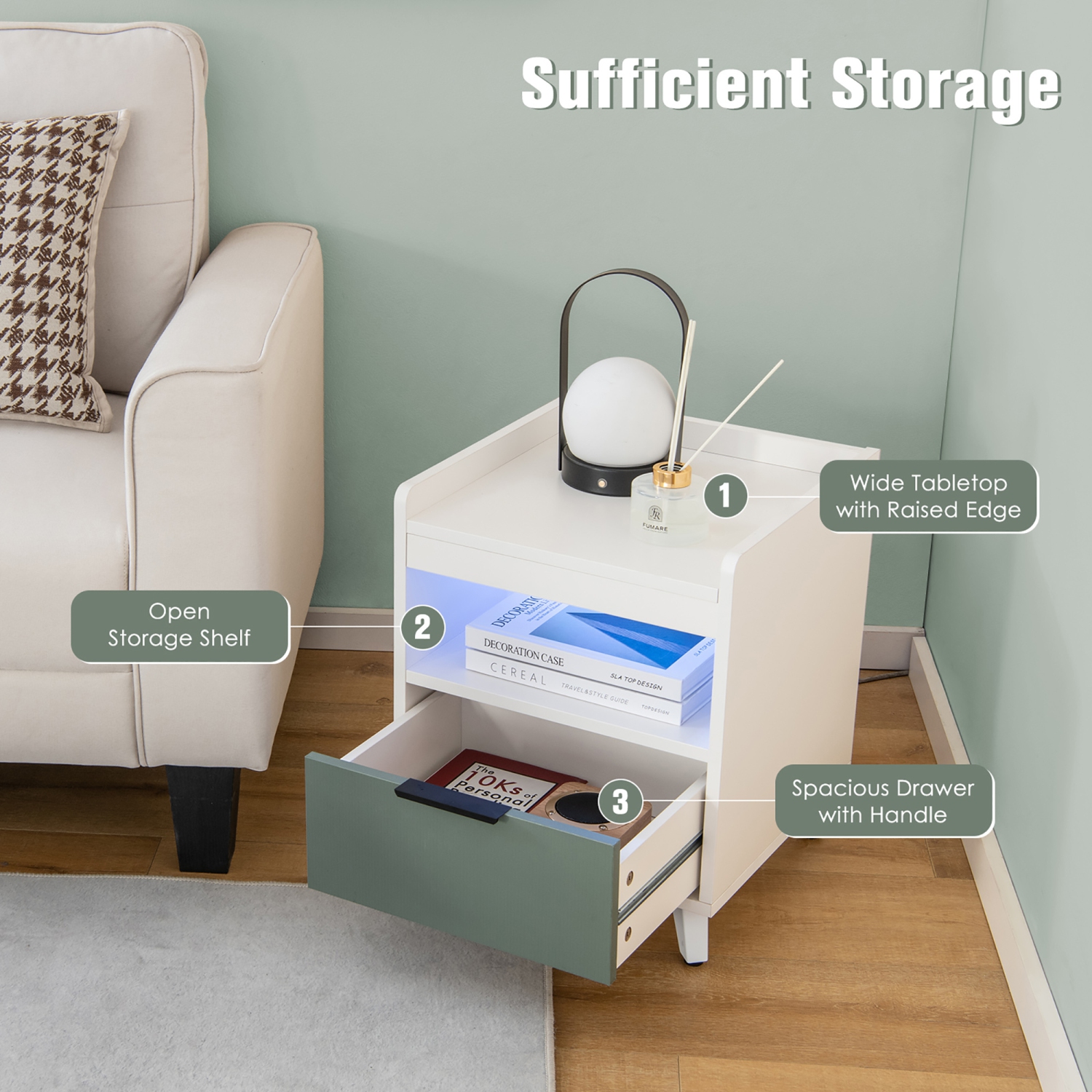 Gymax Nightstand Modern Beside End Table w/ LED Lights Open Compartment & Drawer