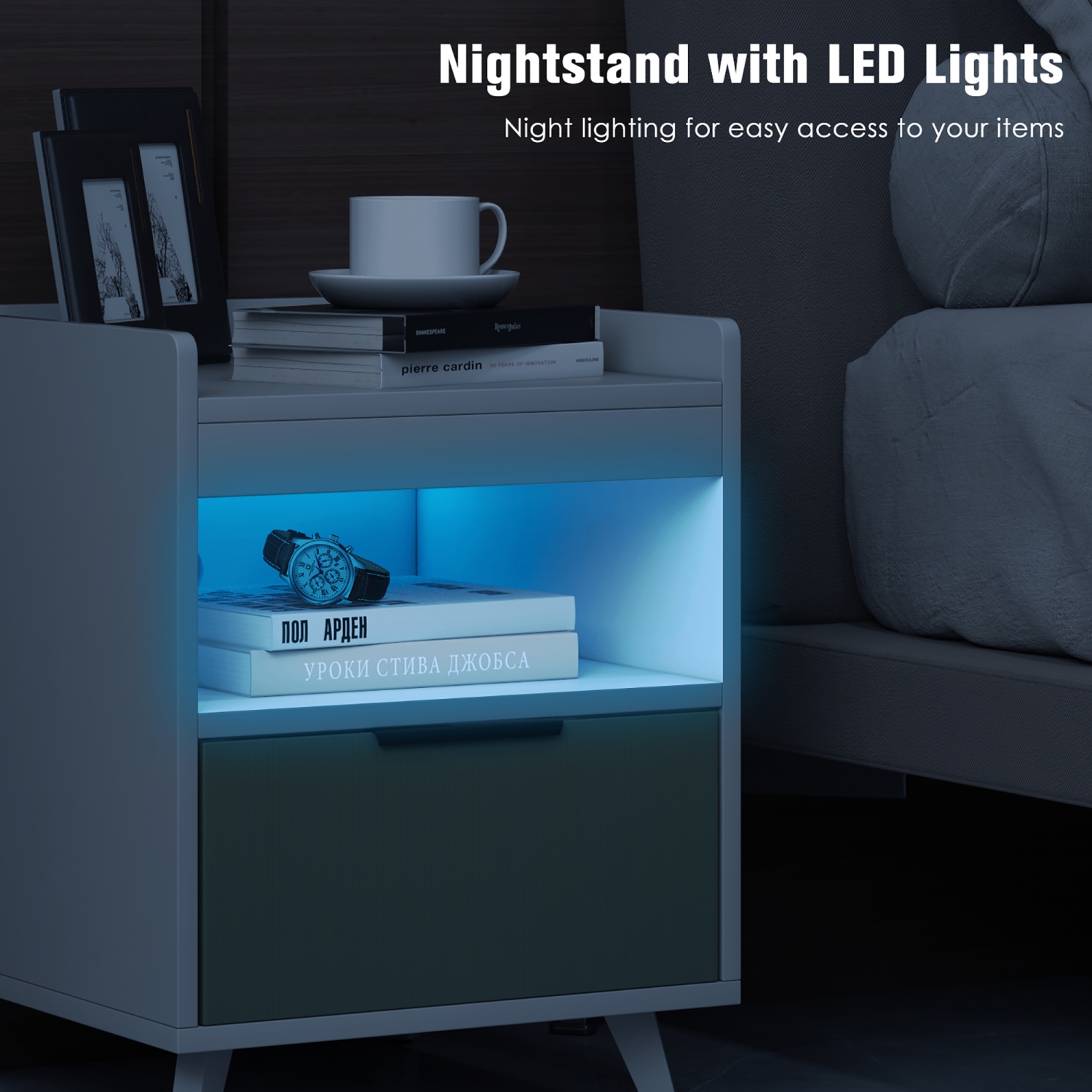 Gymax Nightstand Modern Beside End Table w/ LED Lights Open Compartment & Drawer
