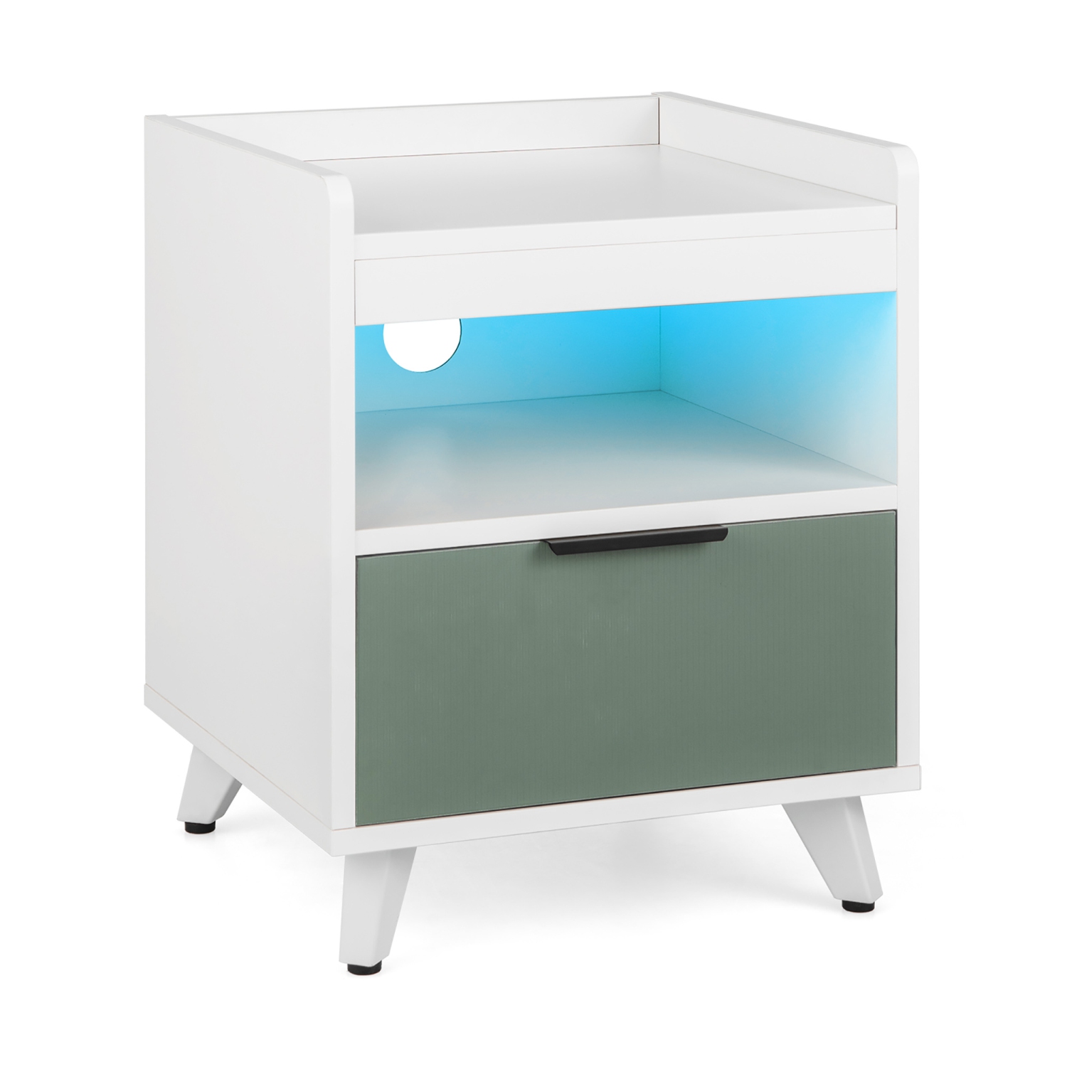 Gymax Nightstand Modern Beside End Table w/ LED Lights Open Compartment & Drawer