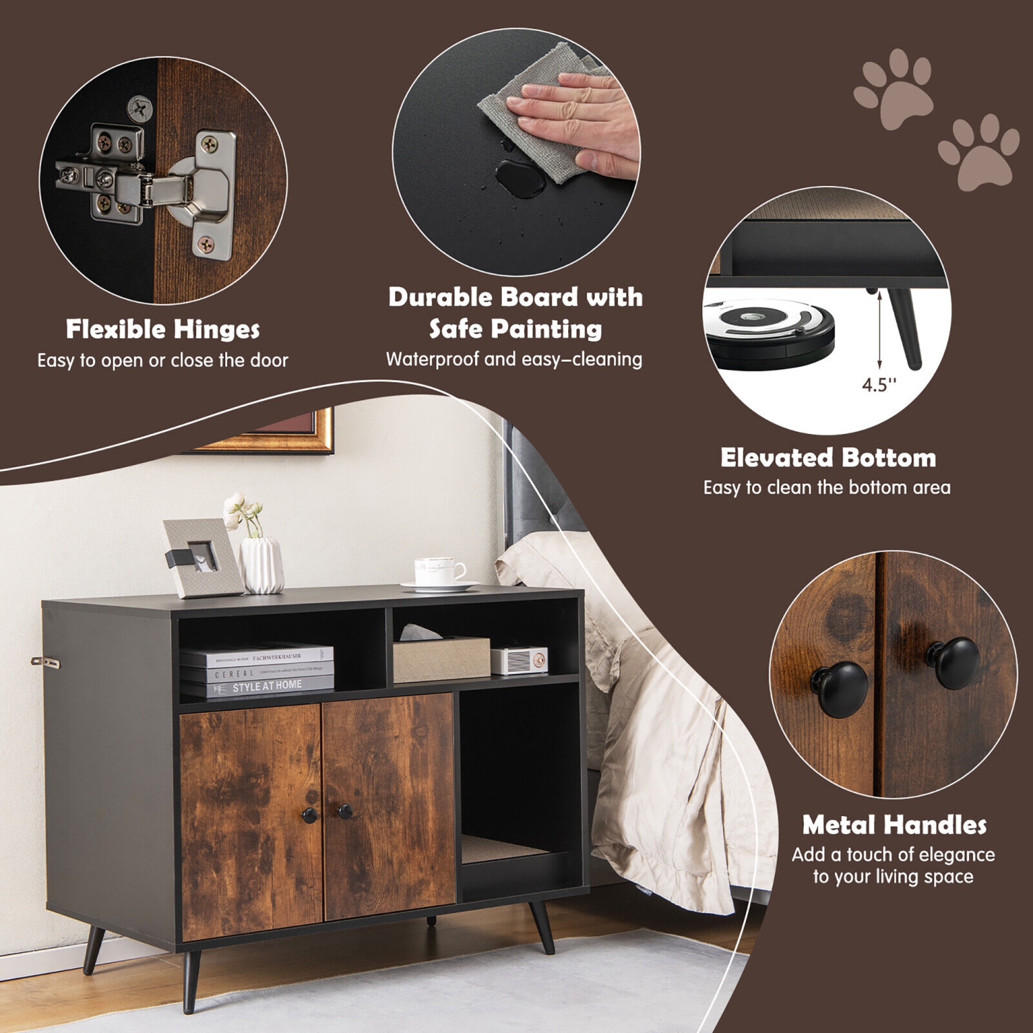 Gymax Cat Litter Box Enclosure w/ Scratching Pad End Table Nightstand Hidden Washroom