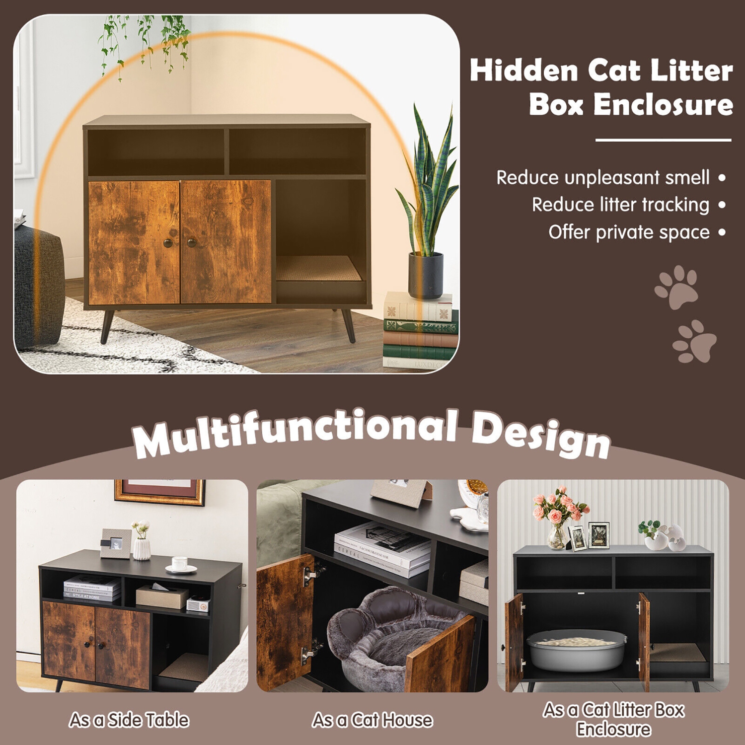 Gymax Cat Litter Box Enclosure w/ Scratching Pad End Table Nightstand Hidden Washroom
