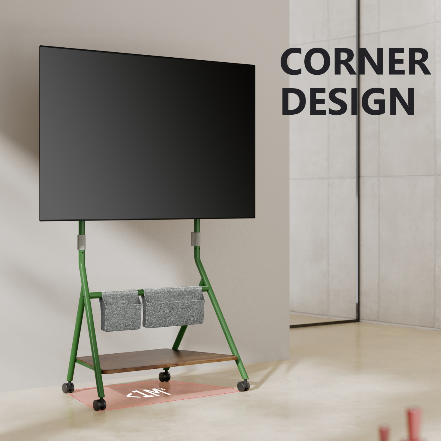 FITUEYES Design Corner Floor TV Stand with Mount for 55 60 65 70 75 78 Inch TV, Height Adjustable Mobile TV Stand with Storage Universal Wheel, Shelf