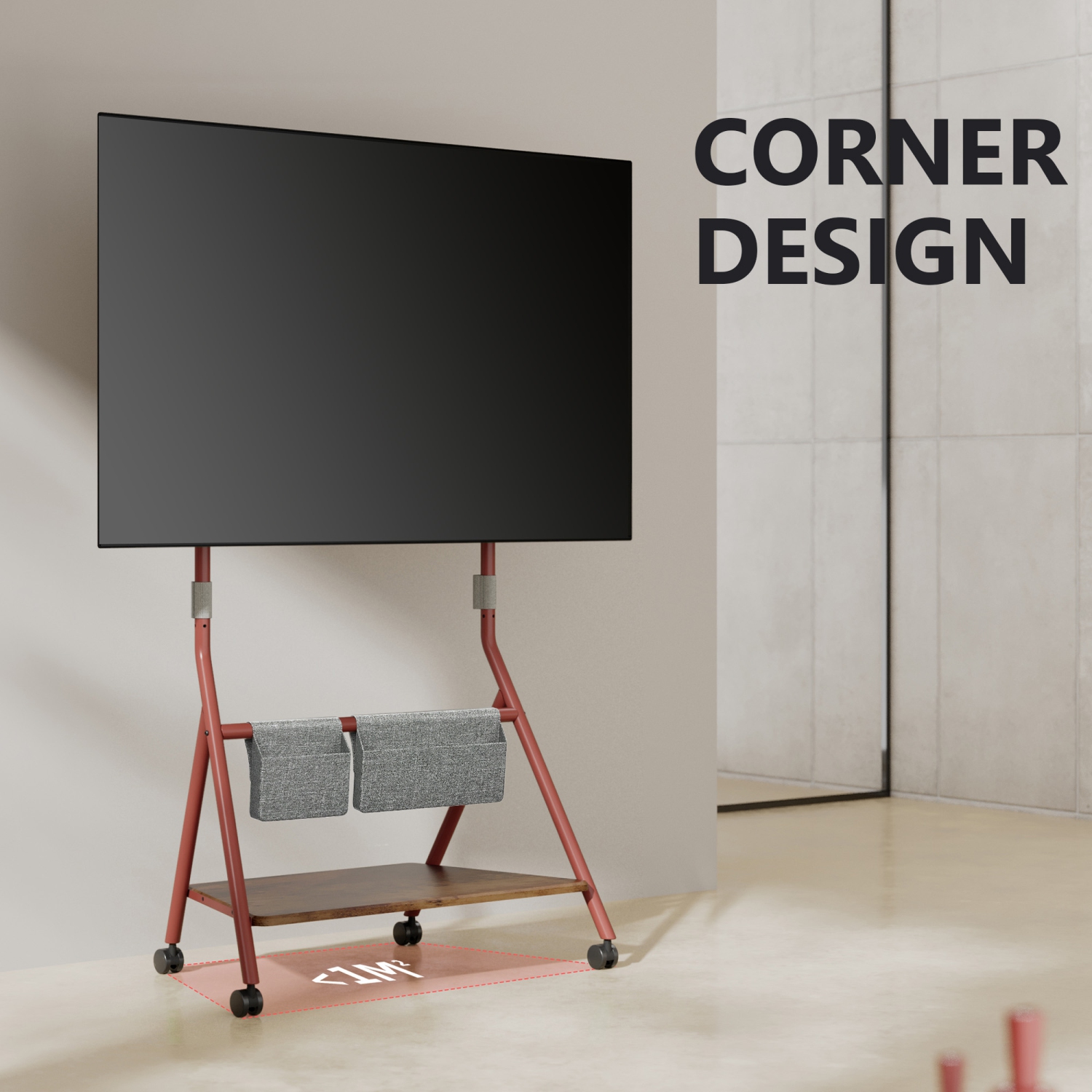 FITUEYES Design Corner Floor TV Stand with Mount for 55 60 65 70 75 78 Inch TV, Height Adjustable Mobile TV Stand with Storage Universal Wheel, Shelf