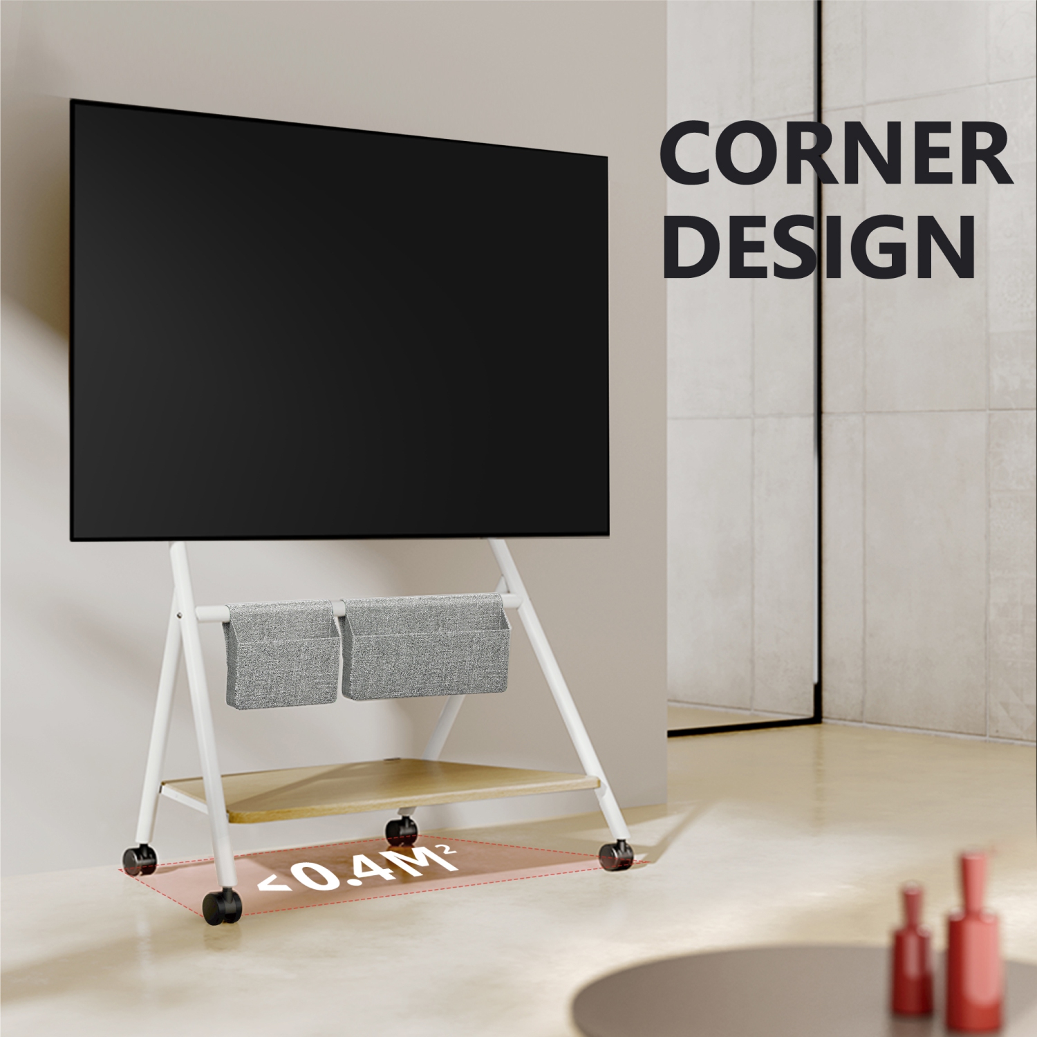 FITUEYES Design Corner Floor TV Stand with Mount for 55 60 65 70 75 78 Inch TV, Height Adjustable Mobile TV Stand with Storage Universal Wheel, Shelf