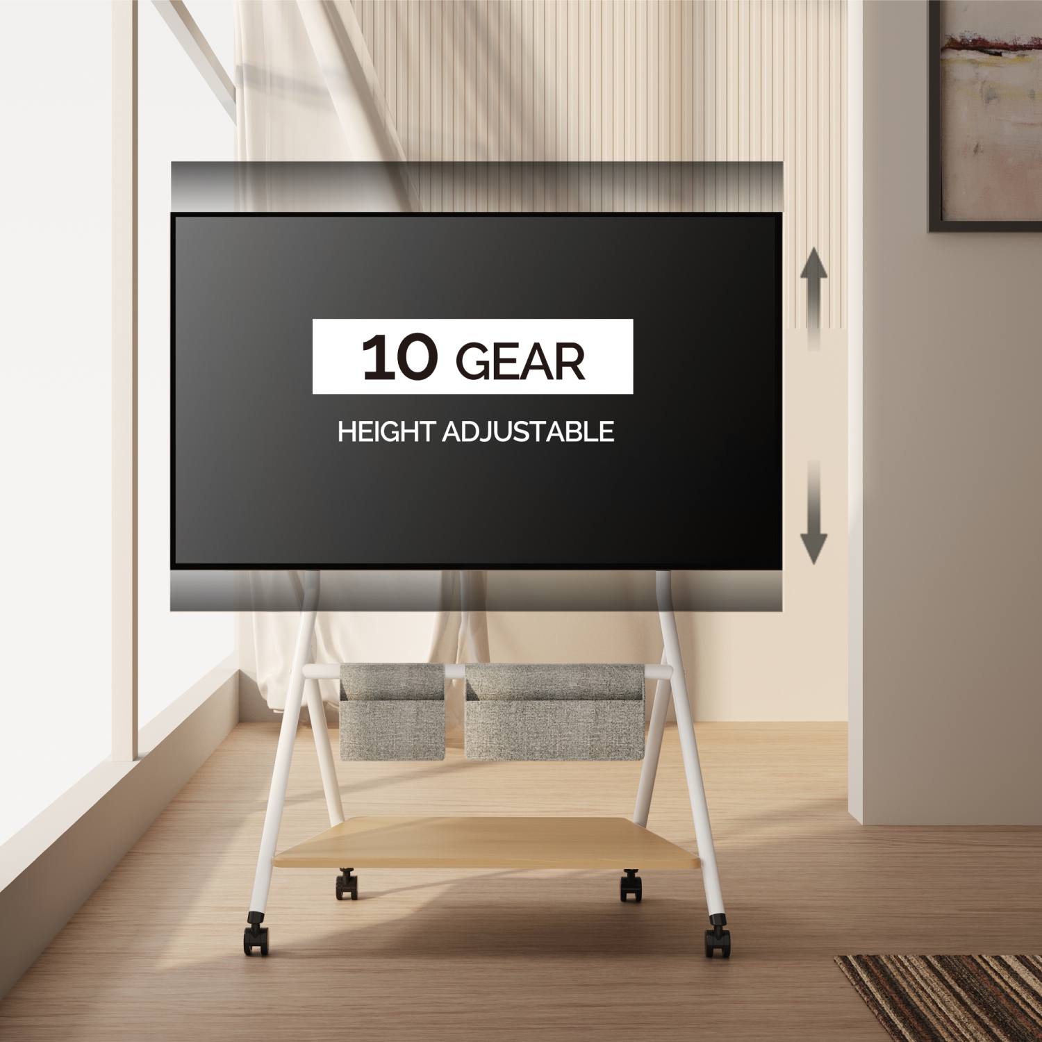 FITUEYES Design Corner Floor TV Stand with Mount for 55 60 65 70 75 78 Inch TV, Height Adjustable Mobile TV Stand with Storage Universal Wheel, Shelf