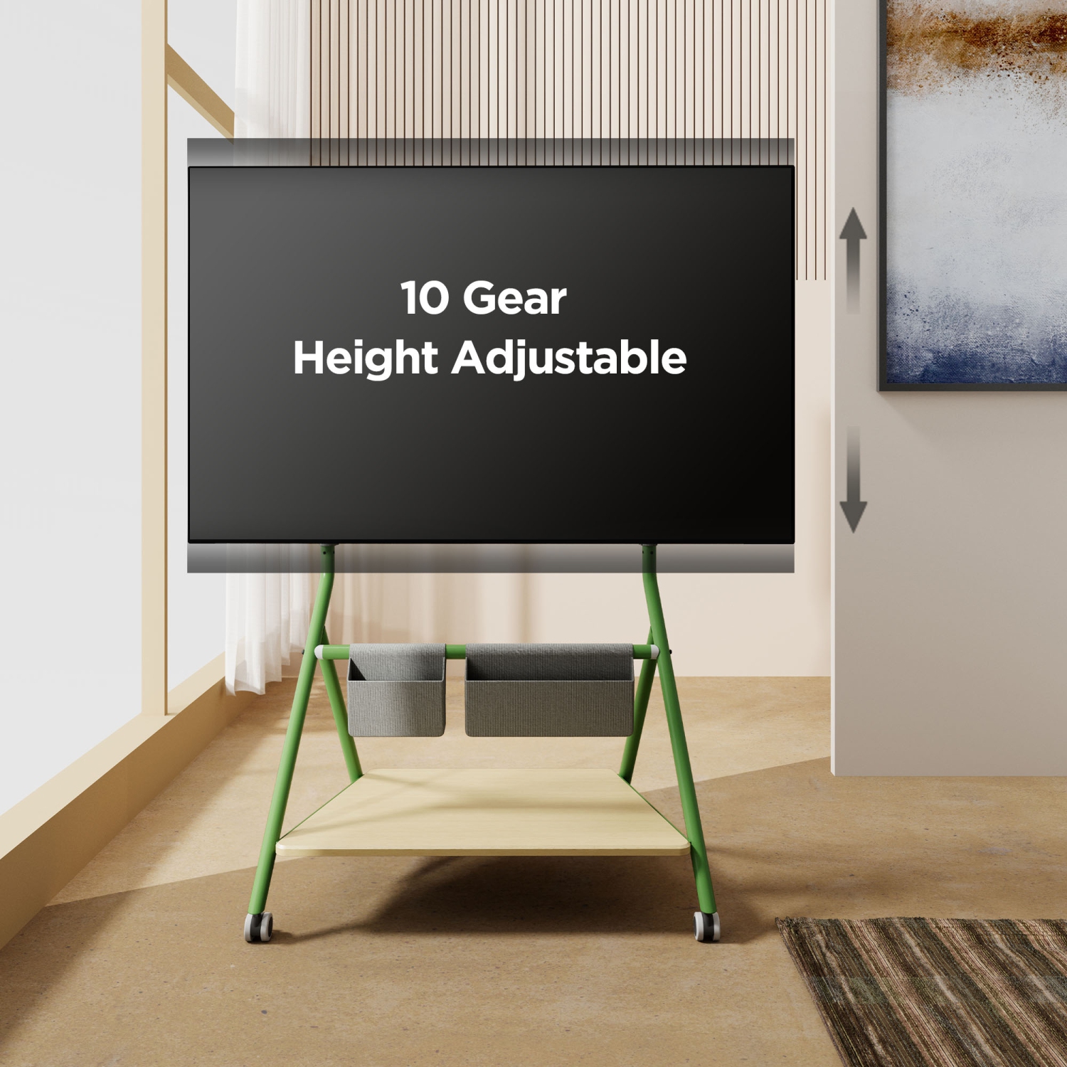 FITUEYES Design Corner Floor TV Stand with Mount for 55 60 65 70 75 78 Inch TV, Height Adjustable Mobile TV Stand with Storage Universal Wheel, Shelf