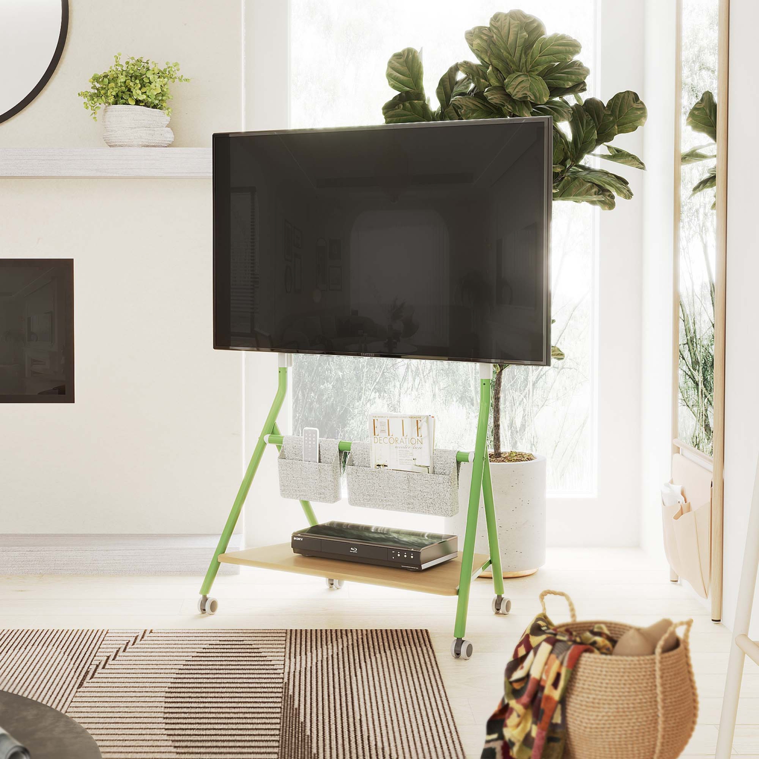 FITUEYES Design Corner Floor TV Stand with Mount for 55 60 65 70 75 78 Inch TV, Height Adjustable Mobile TV Stand with Storage Universal Wheel, Shelf