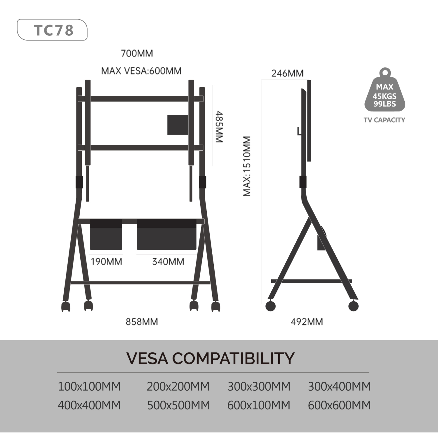 FITUEYES Design Corner Floor TV Stand with Mount for 55 60 65 70 75 78 Inch TV, Height Adjustable Mobile TV Stand with Storage Universal Wheel, Shelf