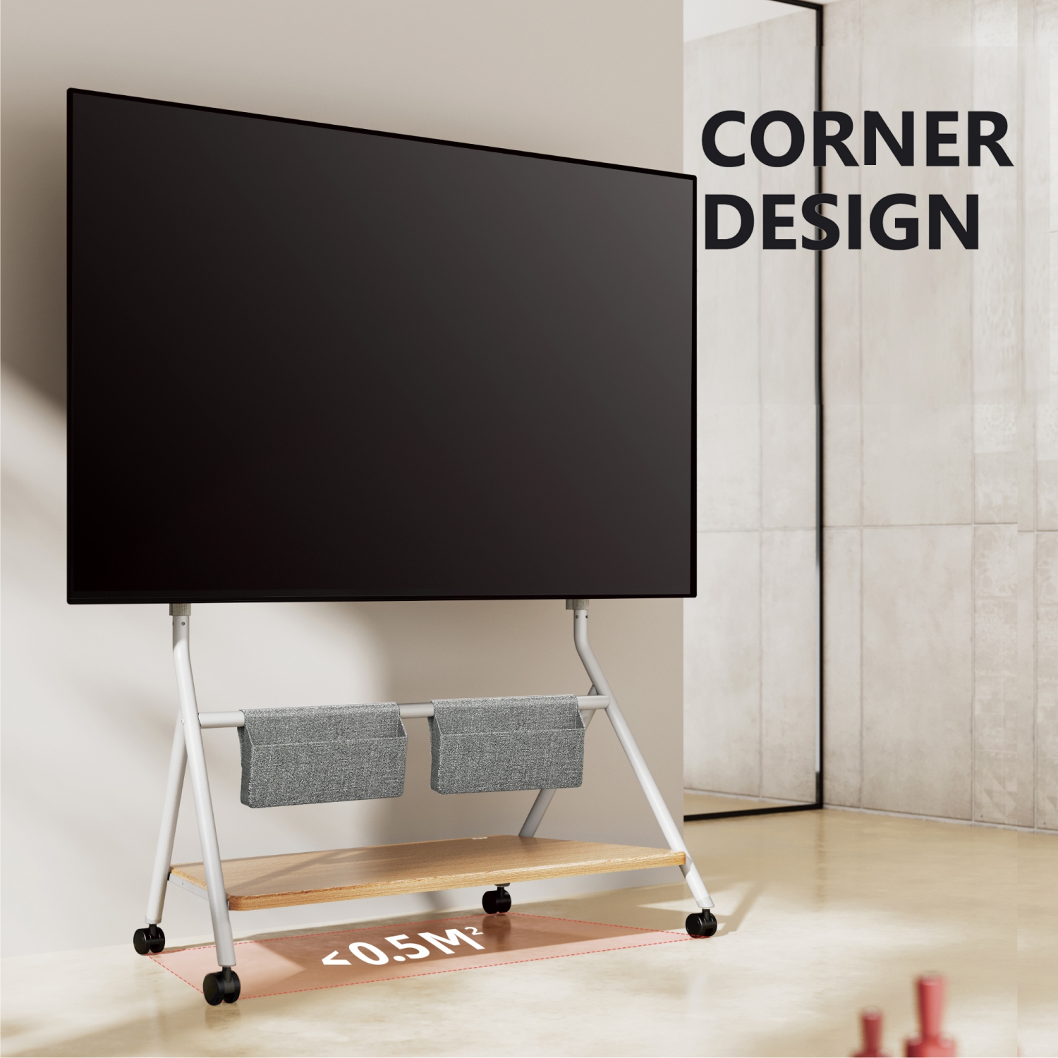 FITUEYES Design Corner Floor TV Stand with Mount for 65 70 75 80 85 88 Inch TV, Height Adjustable Mobile TV Stand with Storage Universal Wheel, Shelf