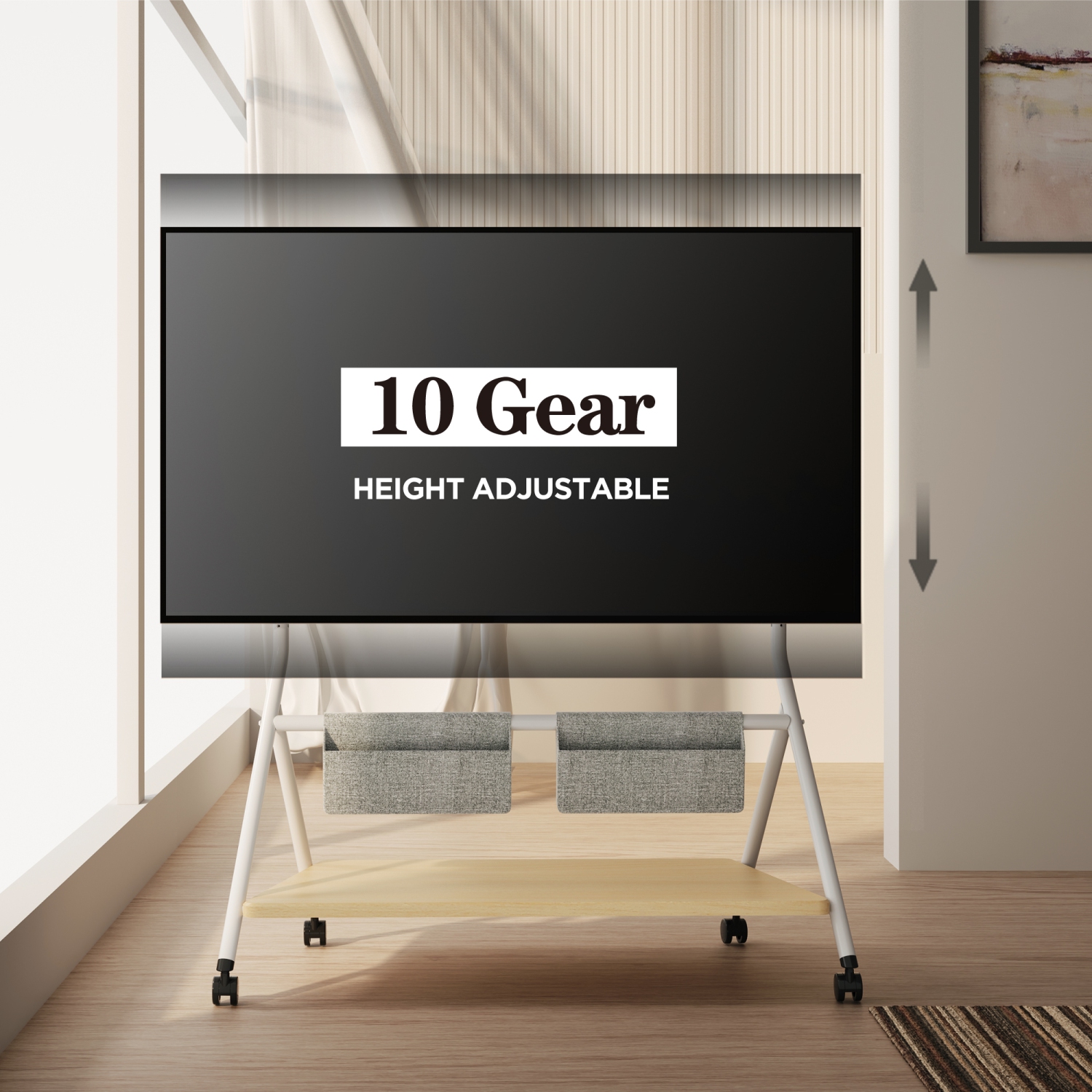 FITUEYES Design Corner Floor TV Stand with Mount for 65 70 75 80 85 88 Inch TV, Height Adjustable Mobile TV Stand with Storage Universal Wheel, Shelf