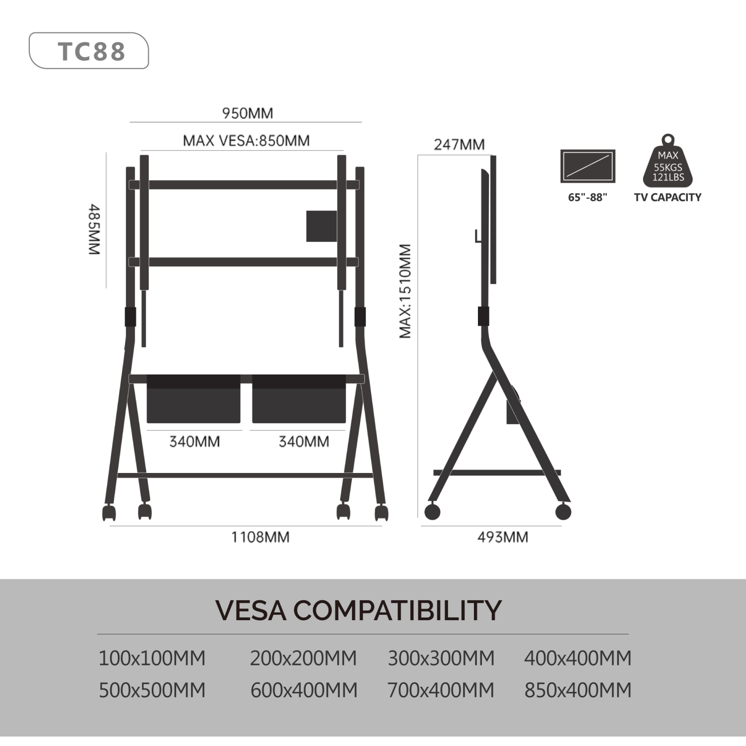 FITUEYES Design Corner Floor TV Stand with Mount for 65 70 75 80 85 88 Inch TV, Height Adjustable Mobile TV Stand with Storage Universal Wheel, Shelf