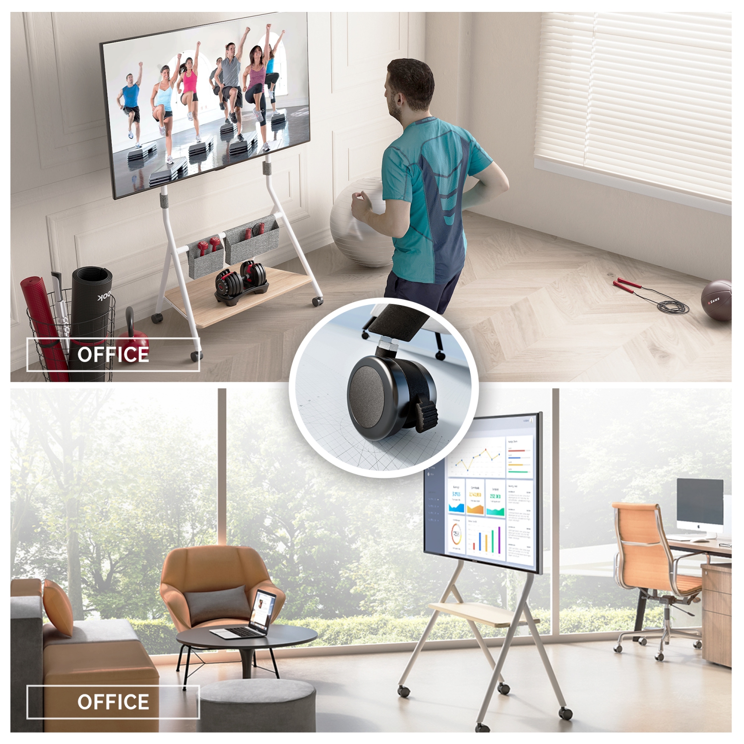 FITUEYES Design Corner Floor TV Stand with Mount for 55 60 65 70 75 78 Inch TV, Height Adjustable Mobile TV Stand with Storage Universal Wheel,Shelf