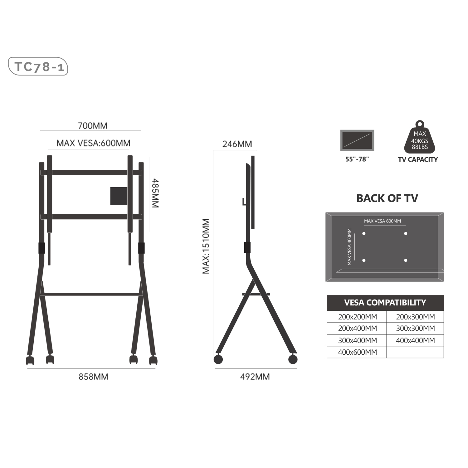 FITUEYES Design Corner Floor TV Stand with Mount for 55 60 65 70 75 78 Inch TV, Height Adjustable Mobile TV Stand with Storage Universal Wheel,Shelf