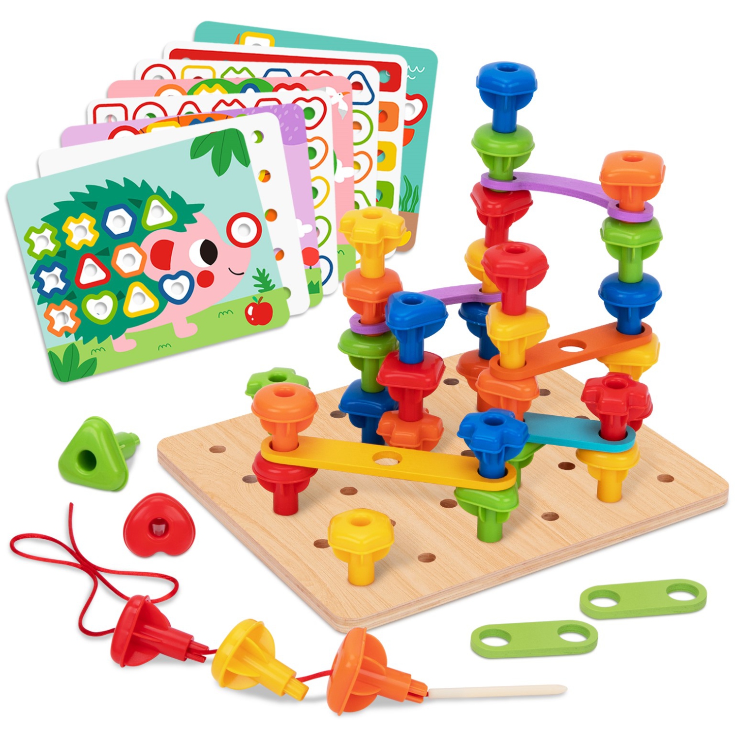 TOOKYLAND Jouet à Empiler avec Planche Trouée - 53pcs - Jeu de Reconnaissance des Formes et Couleurs avec Enfilage, Jouet d'Apprentissage pour