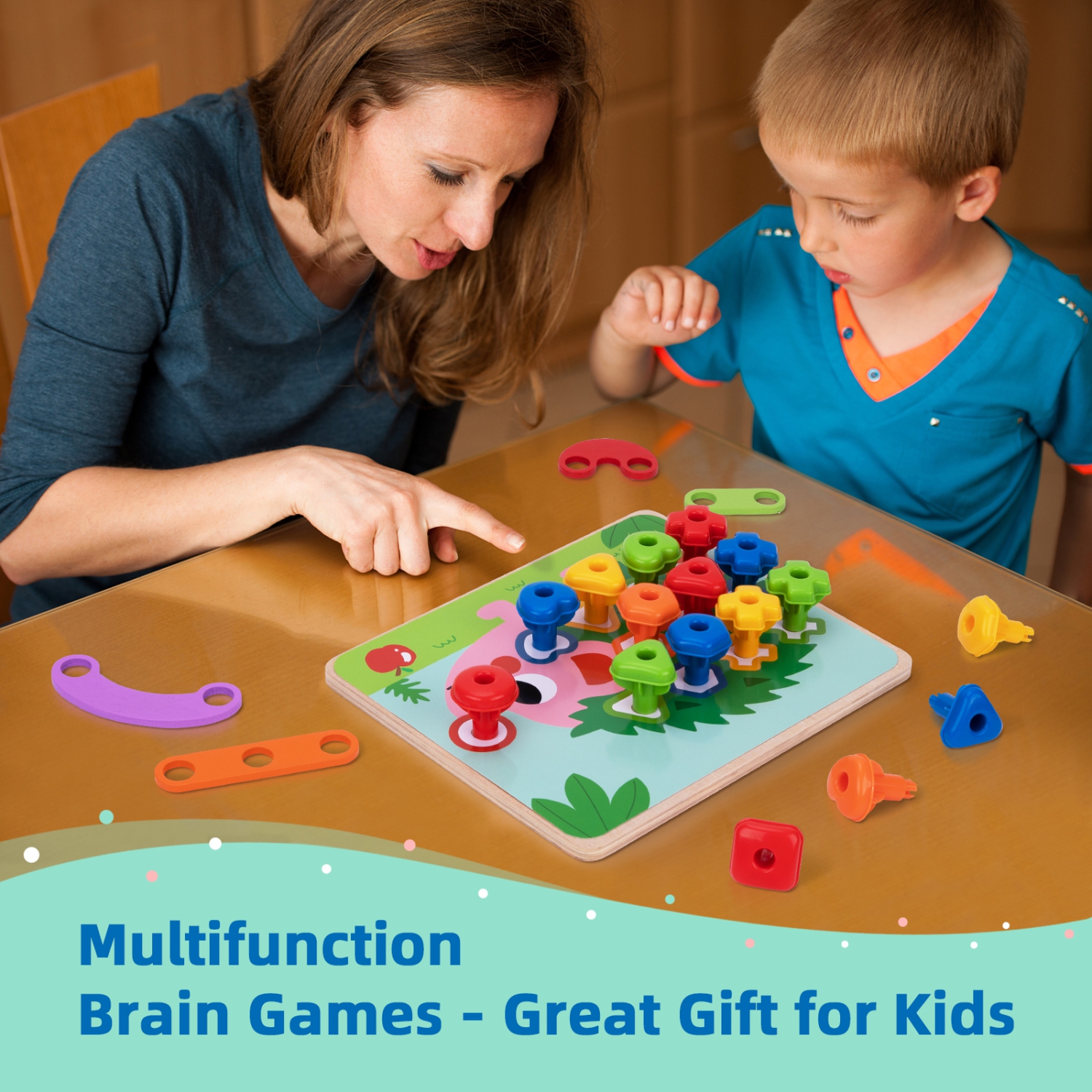 TOOKYLAND Jouet à Empiler avec Planche Trouée - 53pcs - Jeu de Reconnaissance des Formes et Couleurs avec Enfilage, Jouet d'Apprentissage pour