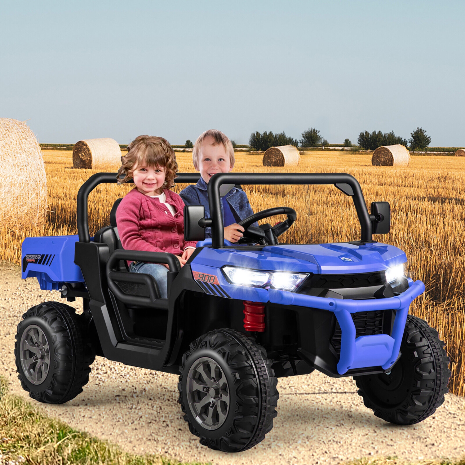 Gymax 12V 2 Seater Ride On UTV Dump Truck Remote w/ Electric Dump Bed & Shovel Blue