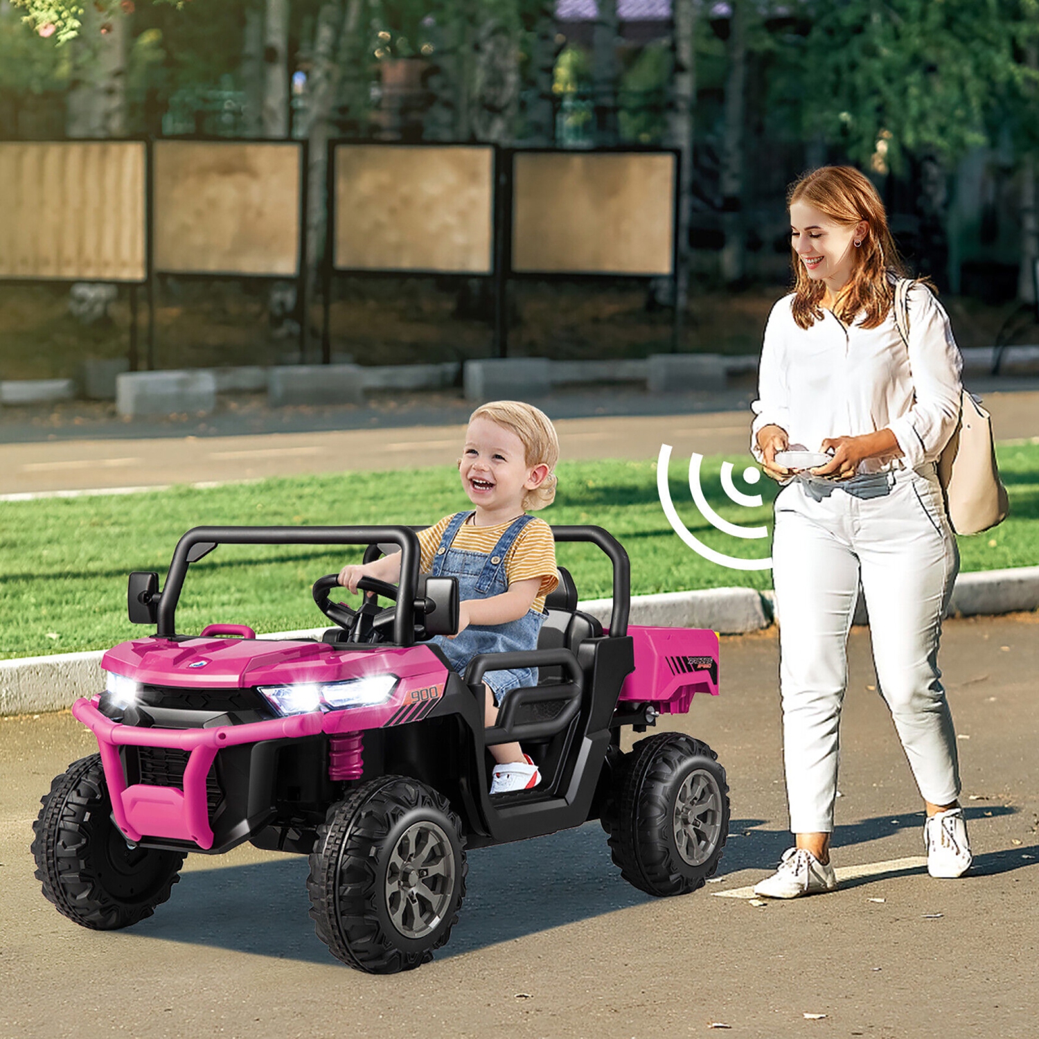 Gymax 12V 2 Seater Ride On UTV Dump Truck Remote w/ Electric Dump Bed & Shovel Pink