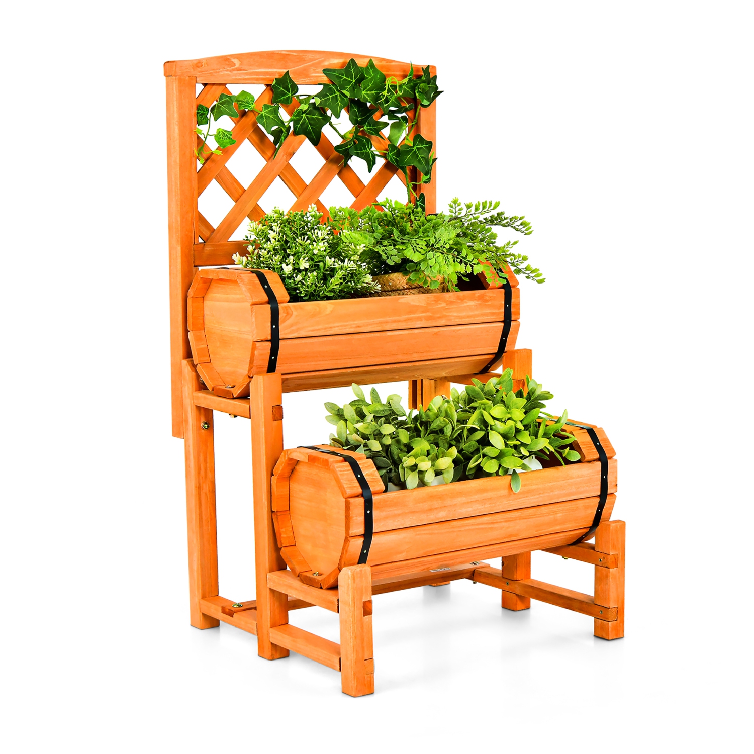 Gymax 2-Tier Wooden Raised Garden Bed Container w/2 Cylindrical Planter Boxes & Trellis