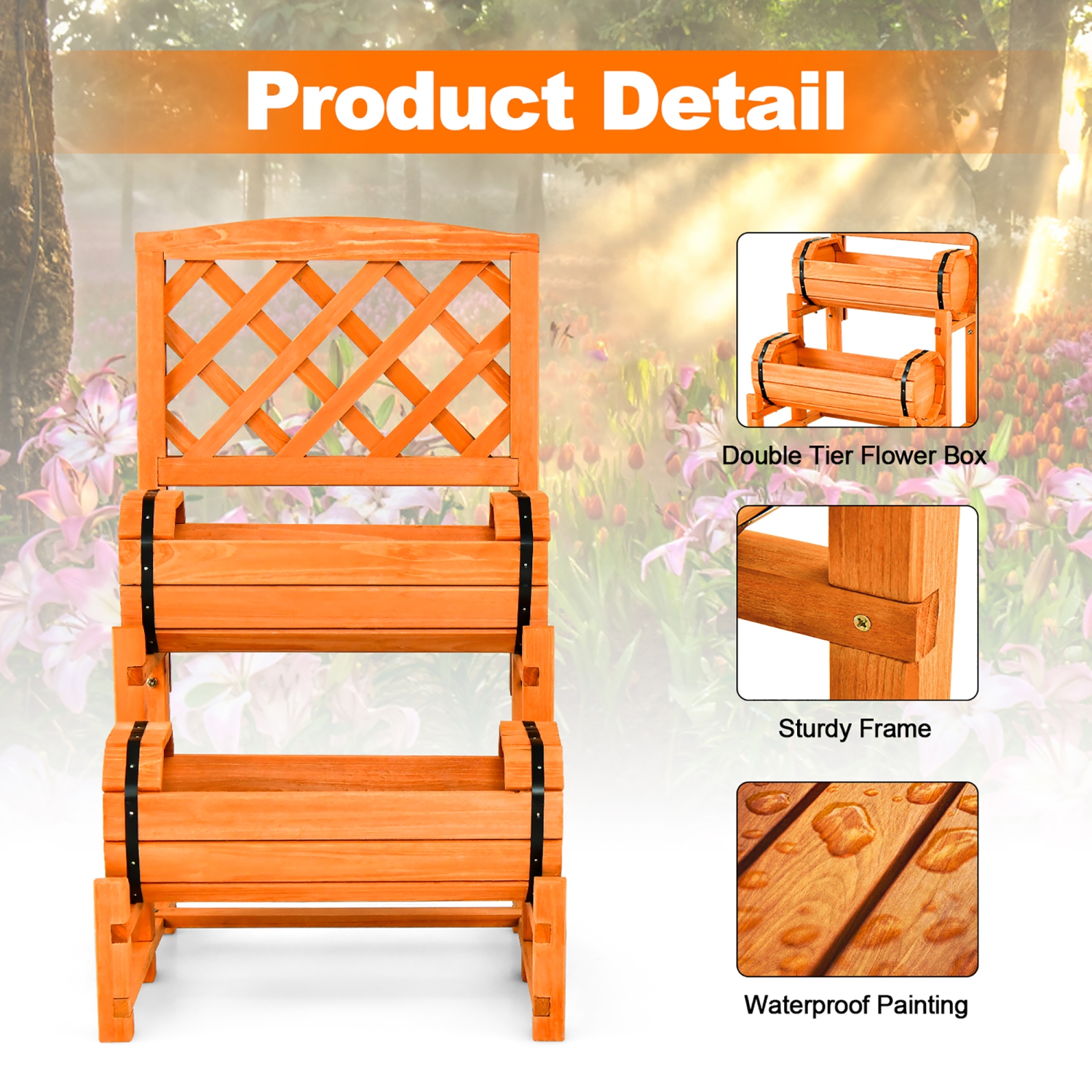 Gymax 2-Tier Wooden Raised Garden Bed Container w/2 Cylindrical Planter Boxes & Trellis