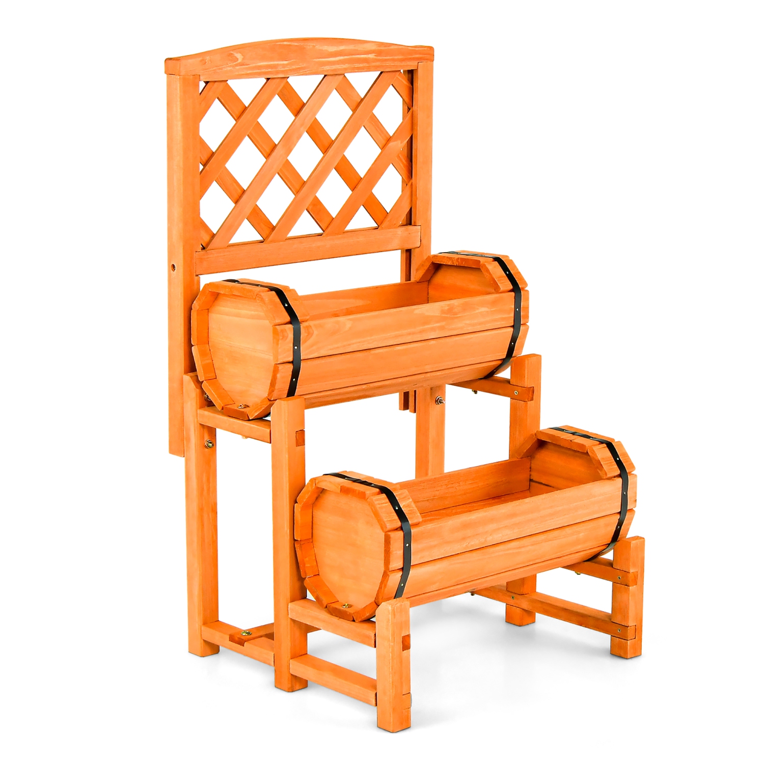 Gymax 2-Tier Wooden Raised Garden Bed Container w/2 Cylindrical Planter Boxes & Trellis