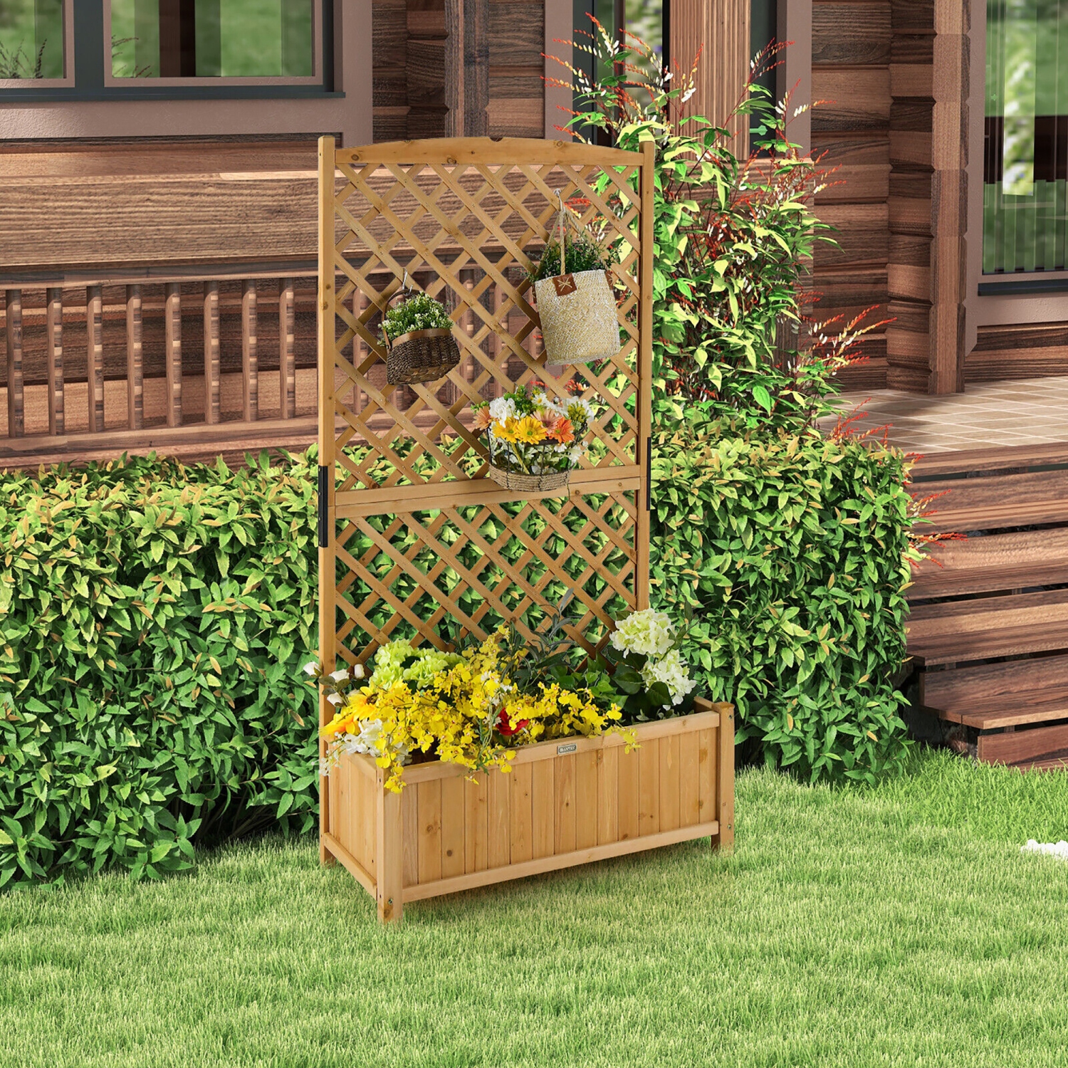 Gymax 71'' Tall Raised Garden Bed Wooden Planter w/ Trellis for Flower Climbing Plant