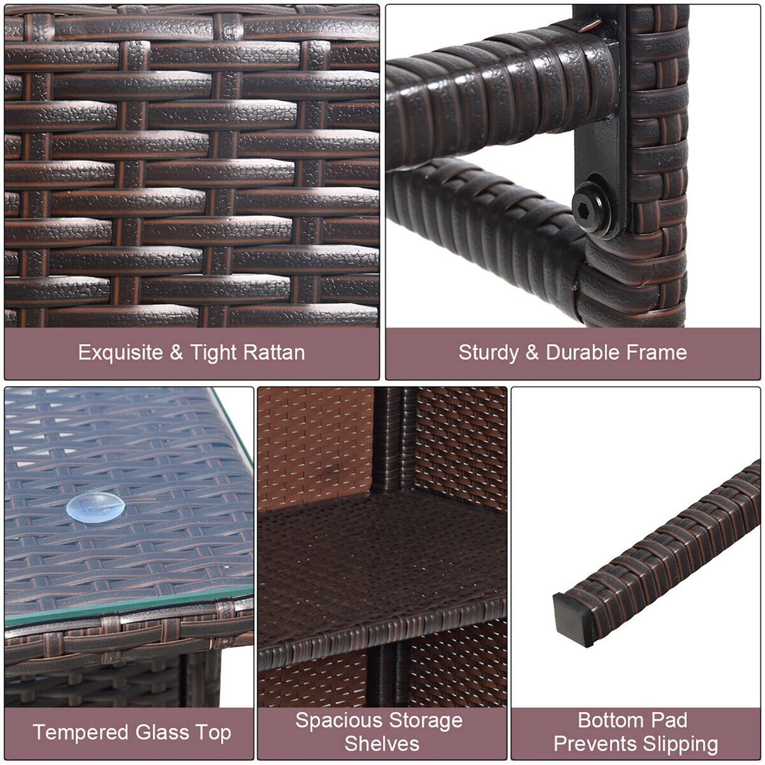 Gymax 3PCS Rattan Patio Bar Table & Stool Set Dining Set w/ Gray & Off white Cushion