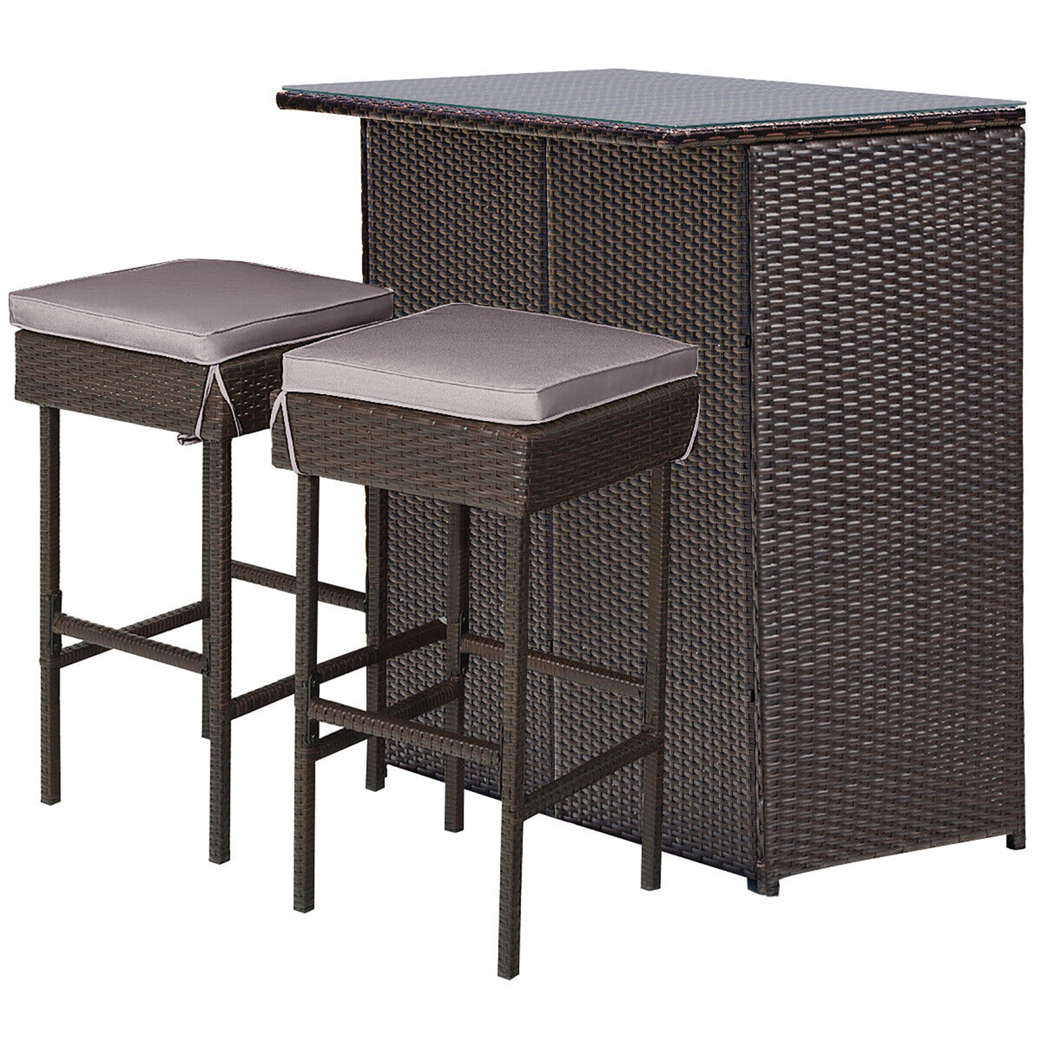 Gymax 3PCS Rattan Patio Bar Table & Stool Set Dining Set w/ Gray & Off white Cushion