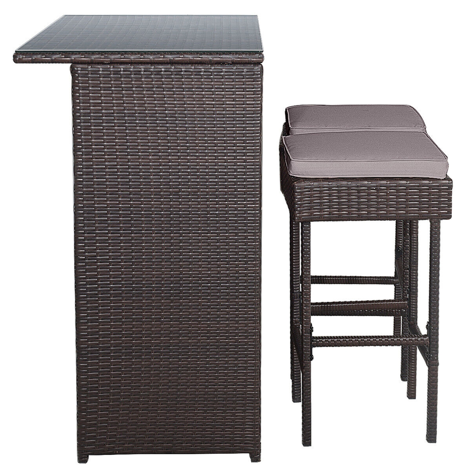 Gymax 3PCS Rattan Patio Bar Table & Stool Set Dining Set w/ Gray & Off white Cushion