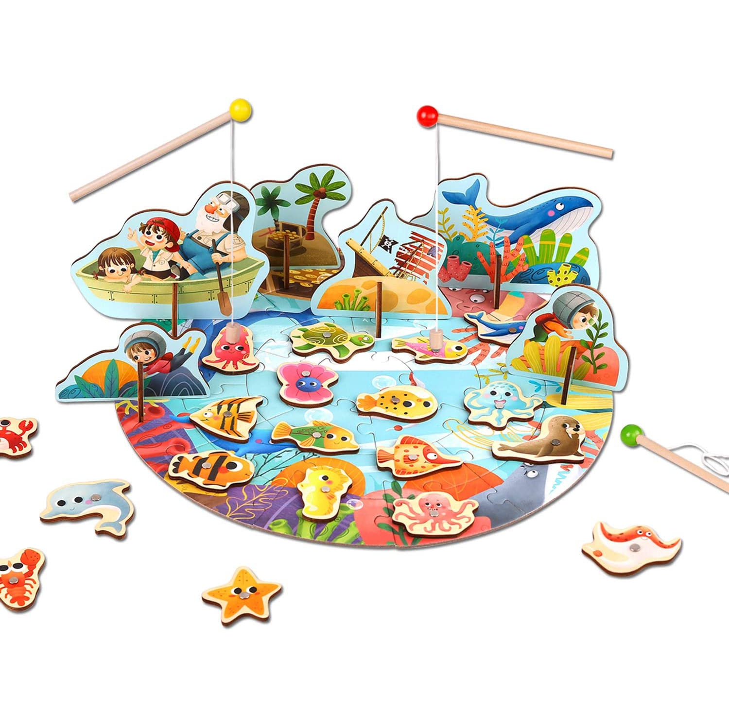 TOOKYLAND Wooden Magnetic Fishing Game - 66pcs - Includes 20 Pieces to Fish,  Jigsaw Puzzle, 3 Rods and Storage Barrel, for Kids 3 Years +