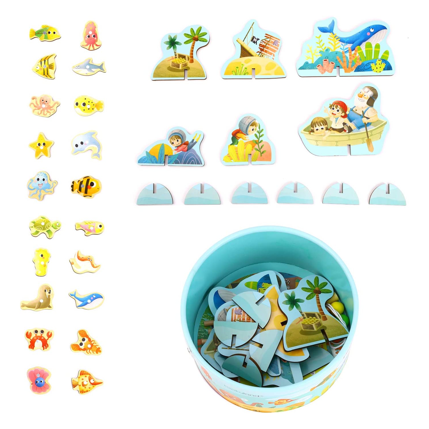 TOOKYLAND Wooden Magnetic Fishing Game - 66pcs - Includes 20 Pieces to Fish, Jigsaw Puzzle, 3 Rods and Storage Barrel, for Kids 3 Years +