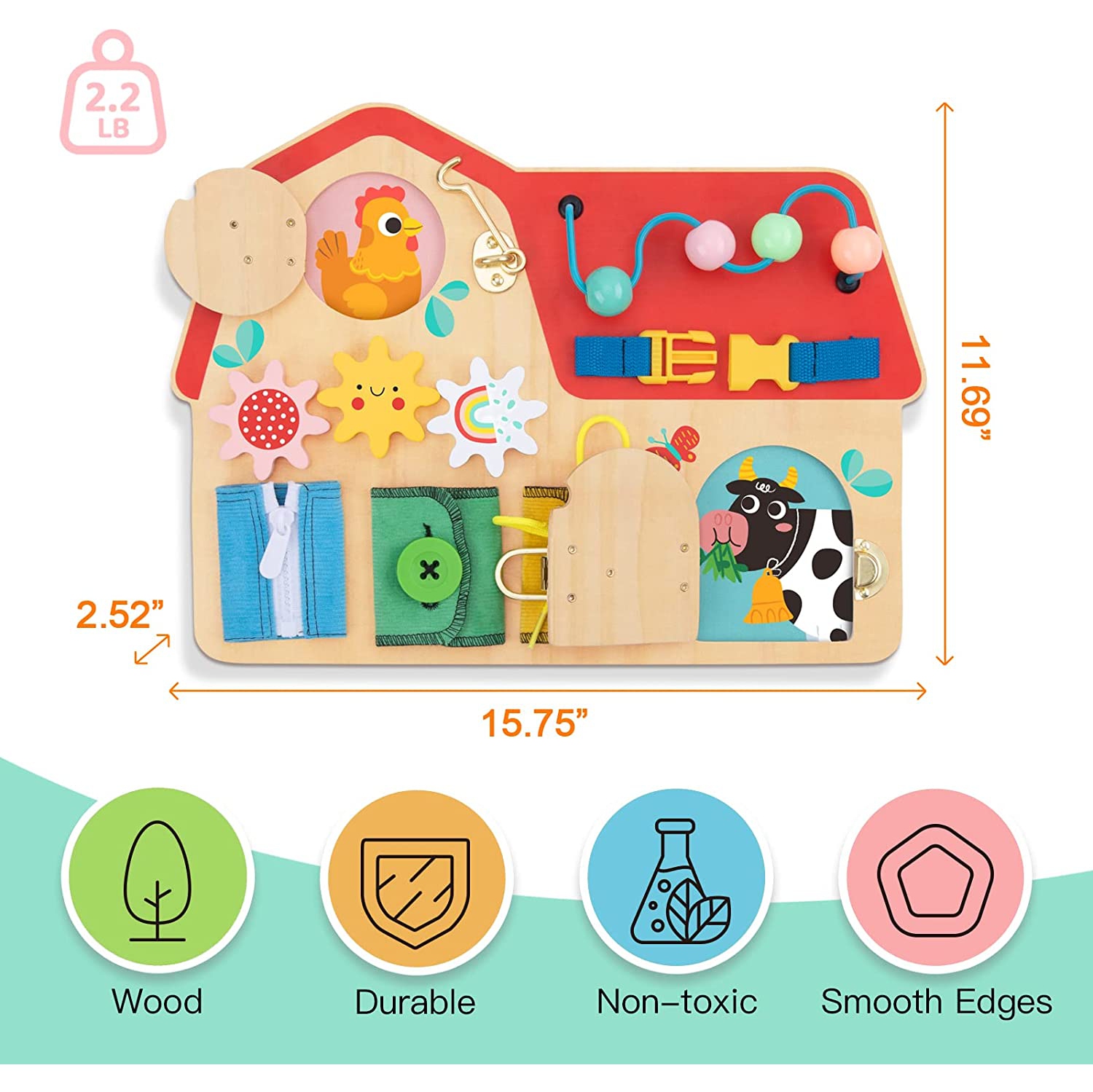 TOOKYLAND Wooden Busy Board - Montessori Activity Board, Preschool Learning Sensory Toy for Kids 3 Years Old +