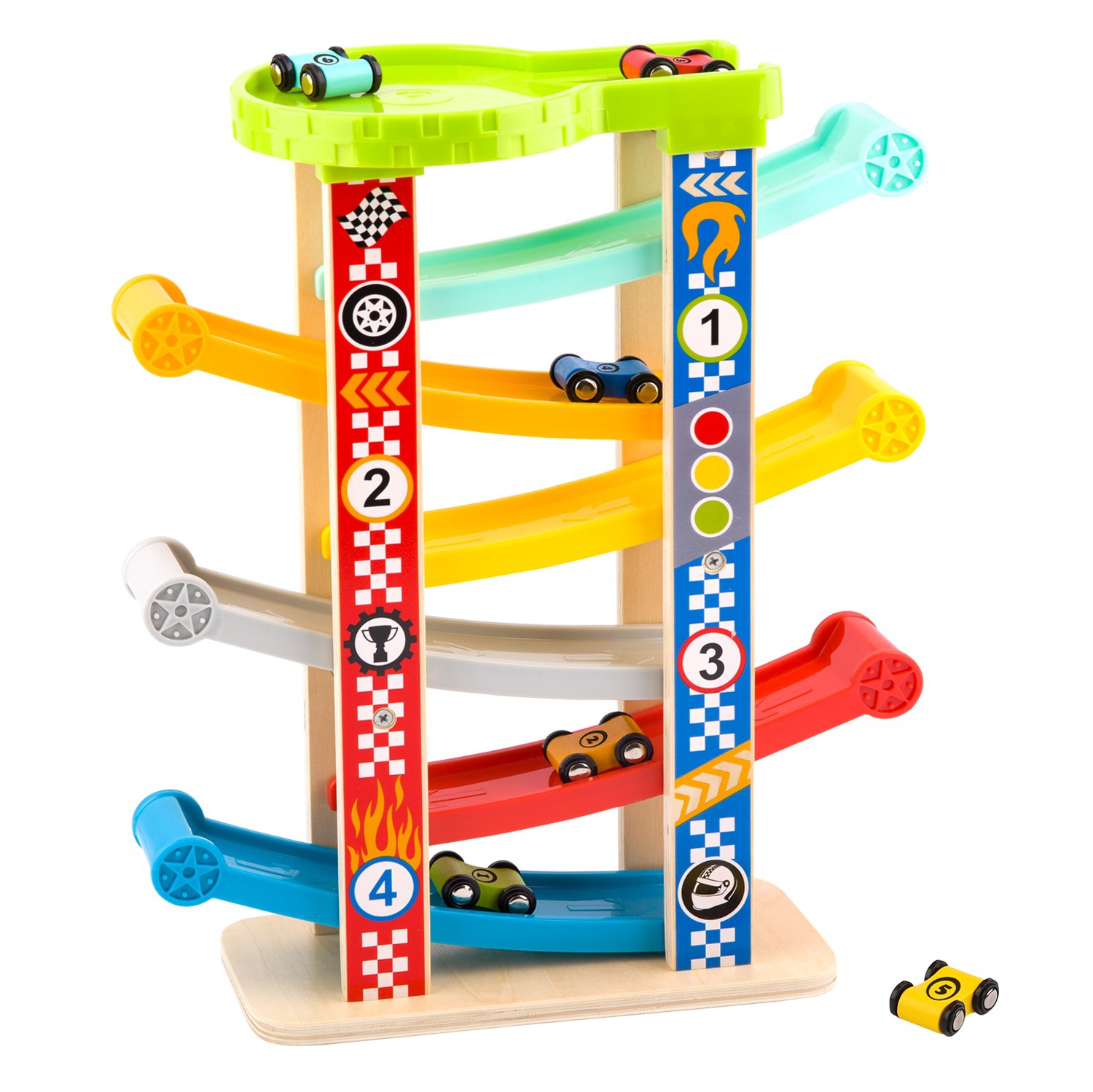 TOOKYLAND Rampes de Course pour Voitures Jouets - 8pcs - Ensemble de Piste de Course à Gravité avec Véhicules en Bois, pour Enfants de 18 Mois +