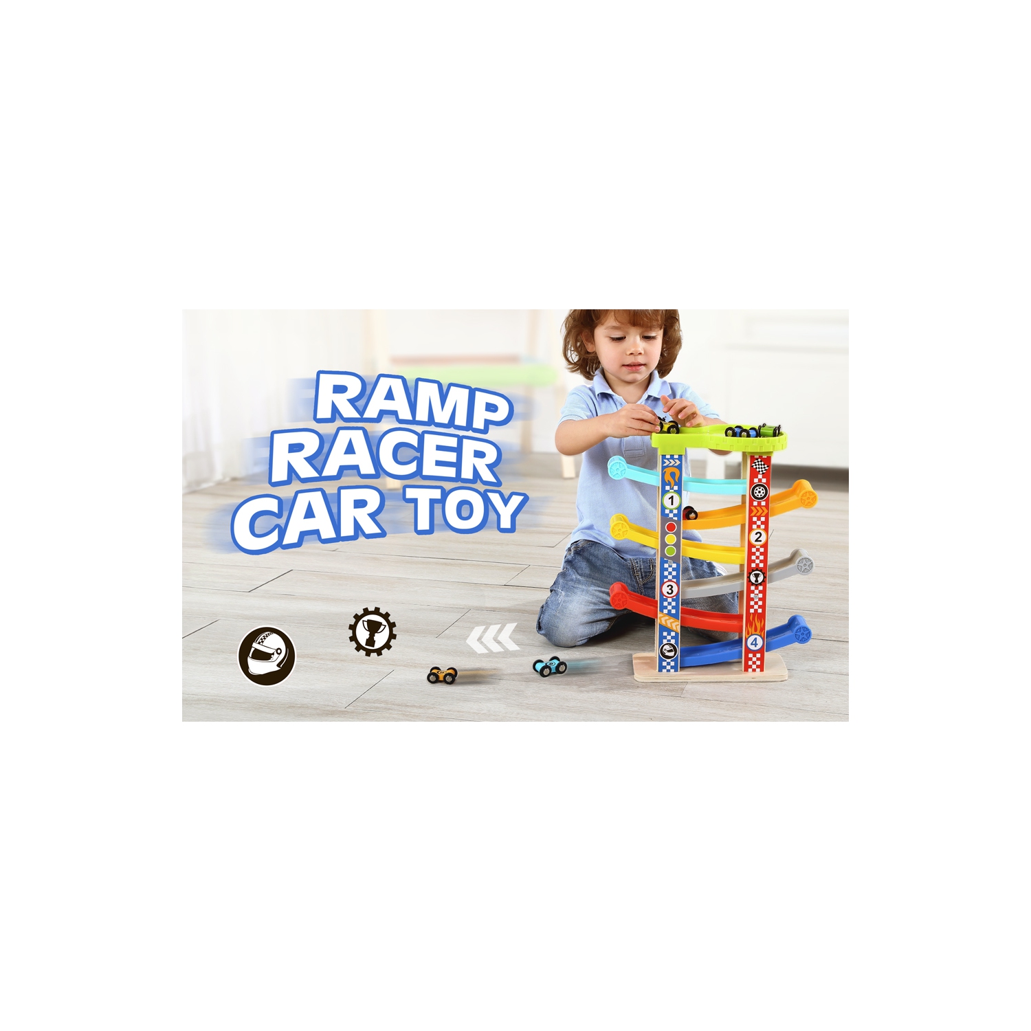 TOOKYLAND Rampes de Course pour Voitures Jouets - 8pcs - Ensemble de Piste de Course à Gravité avec Véhicules en Bois, pour Enfants de 18 Mois +