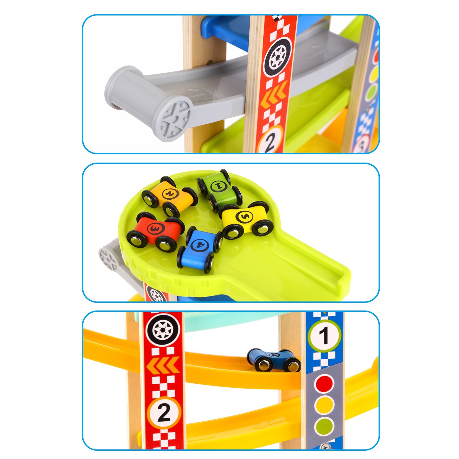 TOOKYLAND Rampes de Course pour Voitures Jouets - 8pcs - Ensemble de Piste de Course à Gravité avec Véhicules en Bois, pour Enfants de 18 Mois +
