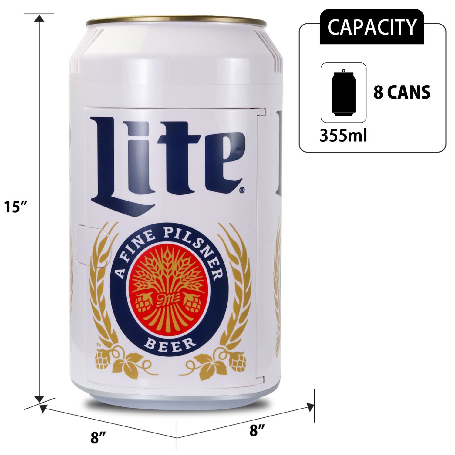 Miller Lite 8 Can Portable Mini Fridge w/ 12V DC and 110V AC Cords, 5.4L Beer Can Shaped Personal Cooler, White, Travel Fridge for Beer, Snacks,