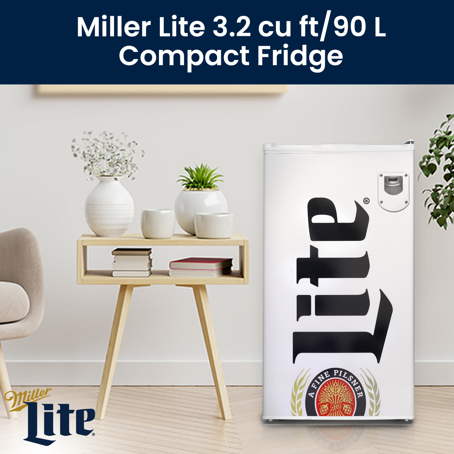 Miller Lite Compact Fridge w/ Bottle Opener, 3.2 cu ft, White, Space-Saving Flat Back Design, Reversible Door, Tempered Glass Shelves, Licensed